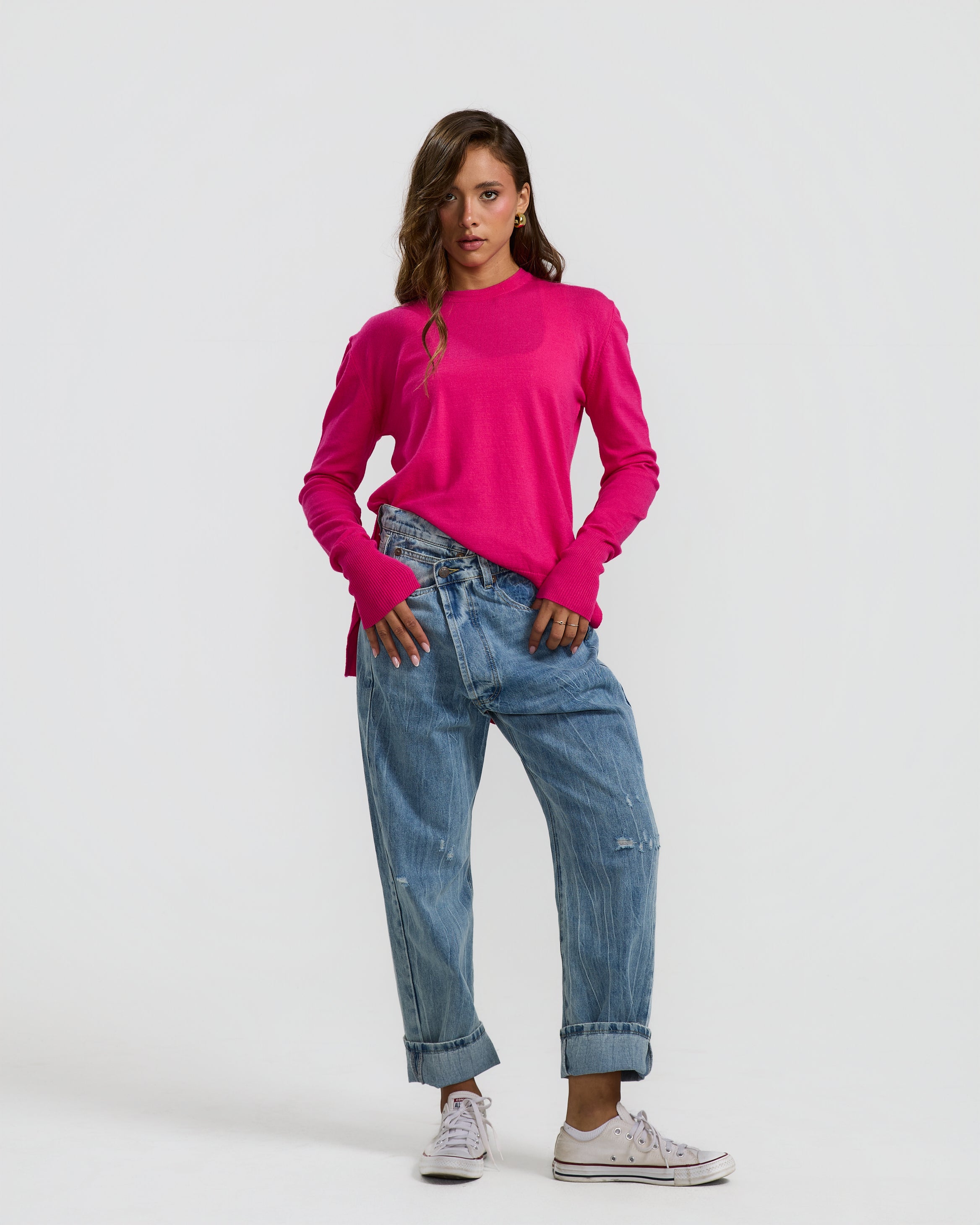 High Low Basic Sweater In Hot Pink
