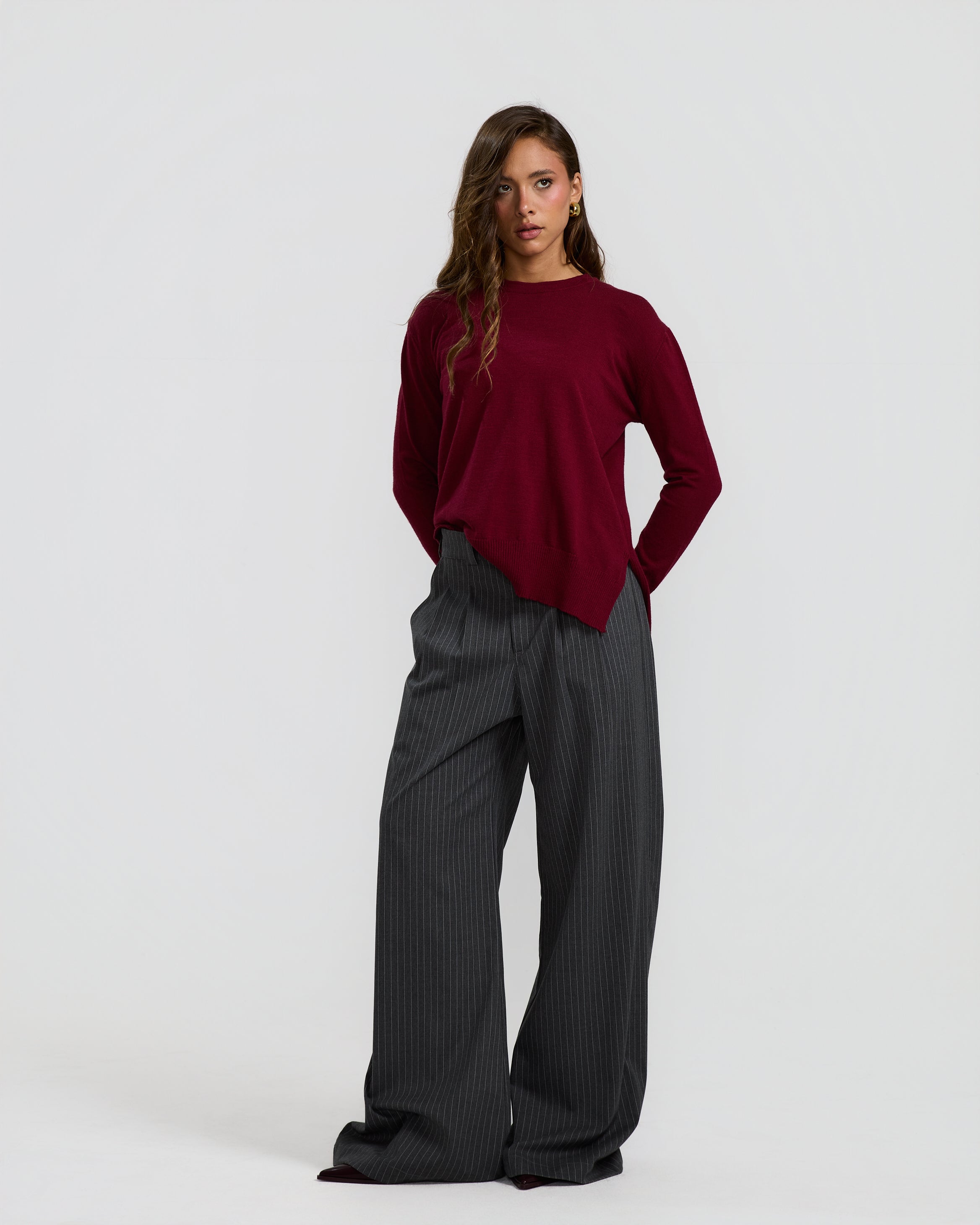 High Low Basic Sweater In Burgundy