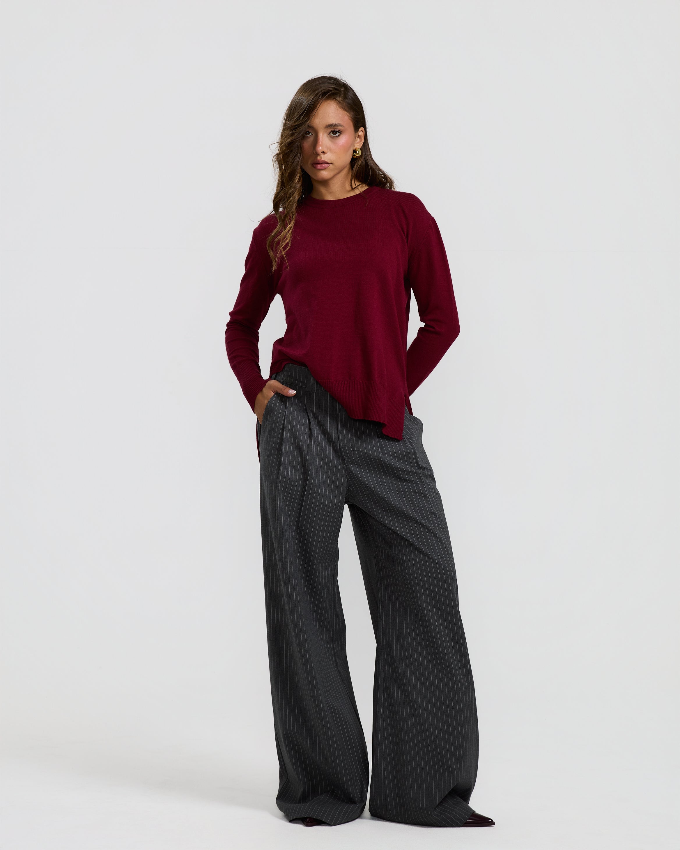 High Low Basic Sweater In Burgundy