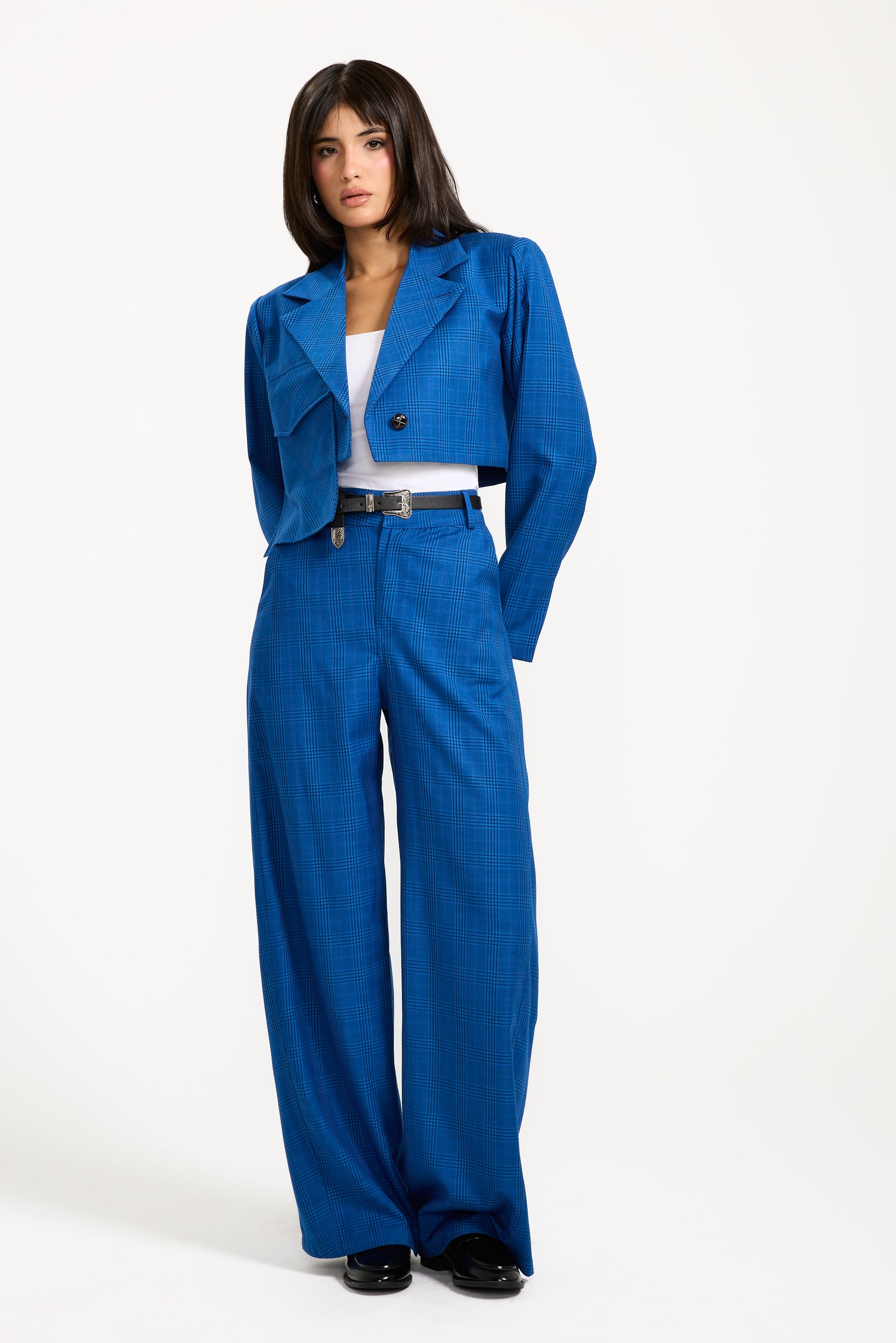 Cropped Checker Single Pocket Blazer