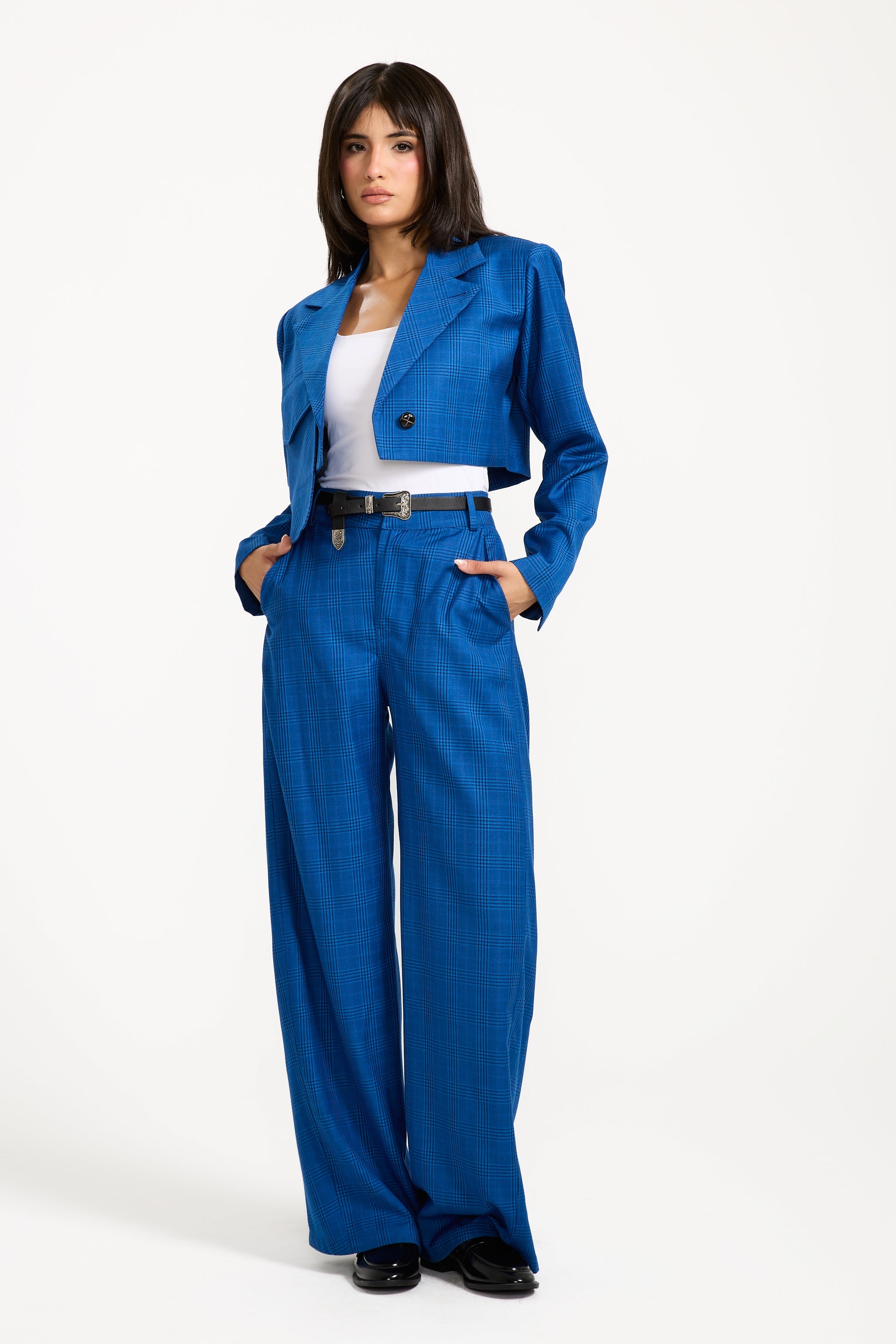 Cropped Checker Single Pocket Blazer