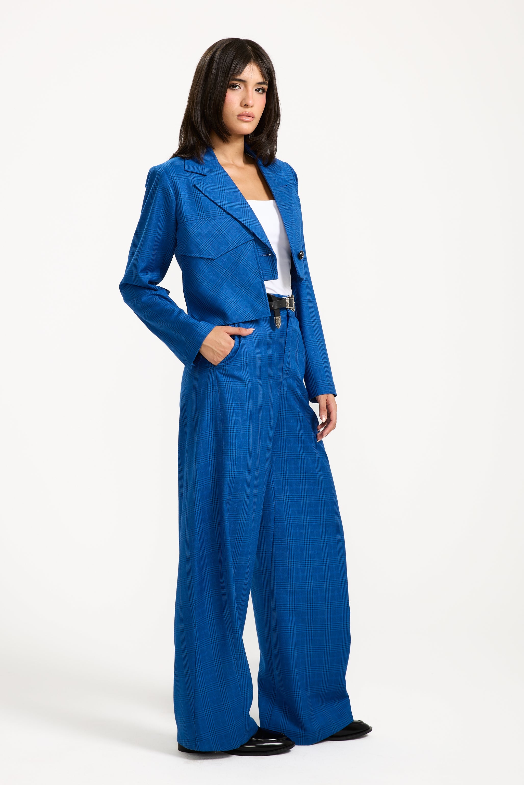 Cropped Checker Single Pocket Blazer