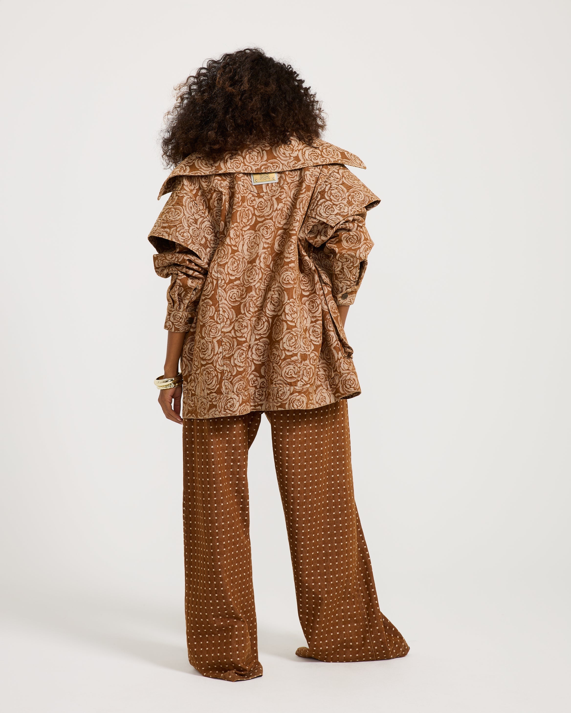 Flowery Brown Bold Shoulders Denim Jacket