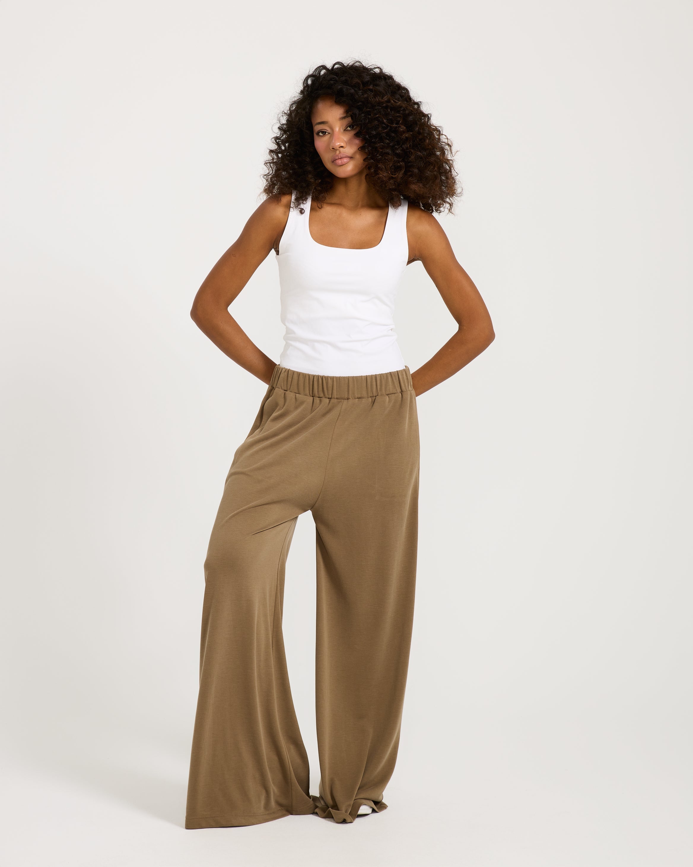 Elastic Waist Wide Leg Pants Coffee