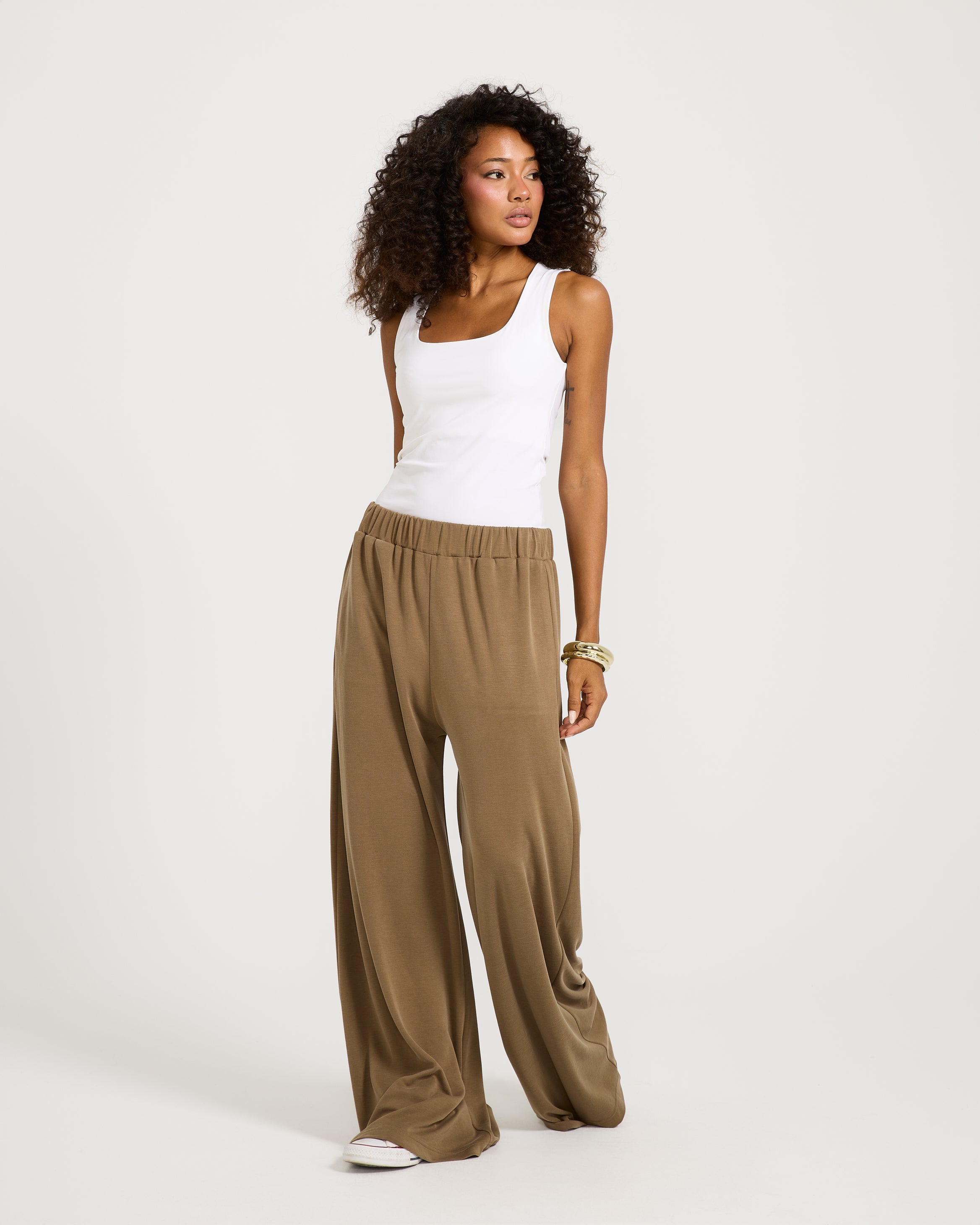 Elastic Waist Wide Leg Pants Coffee