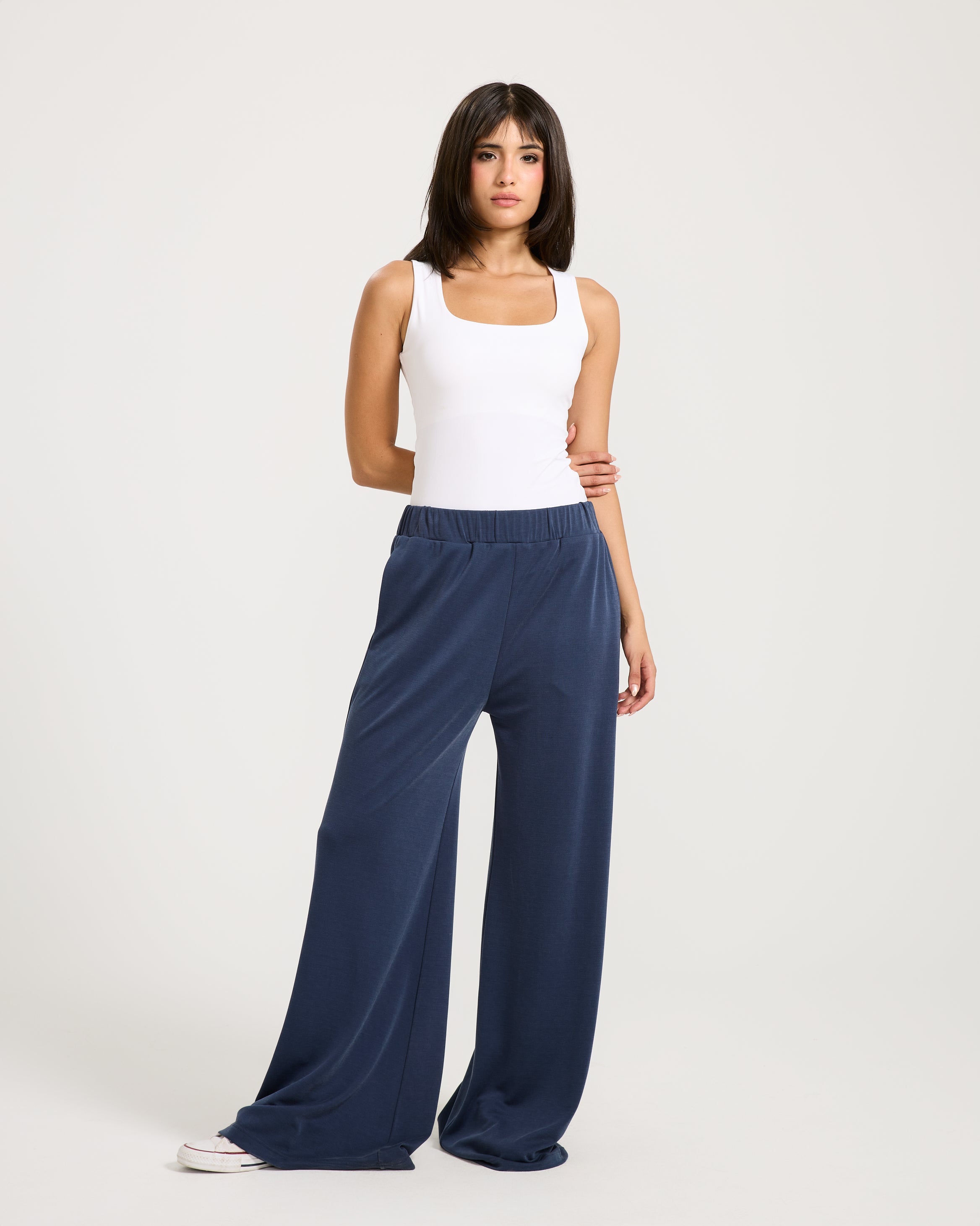 Elastic Waist Wide Leg Pants Navy