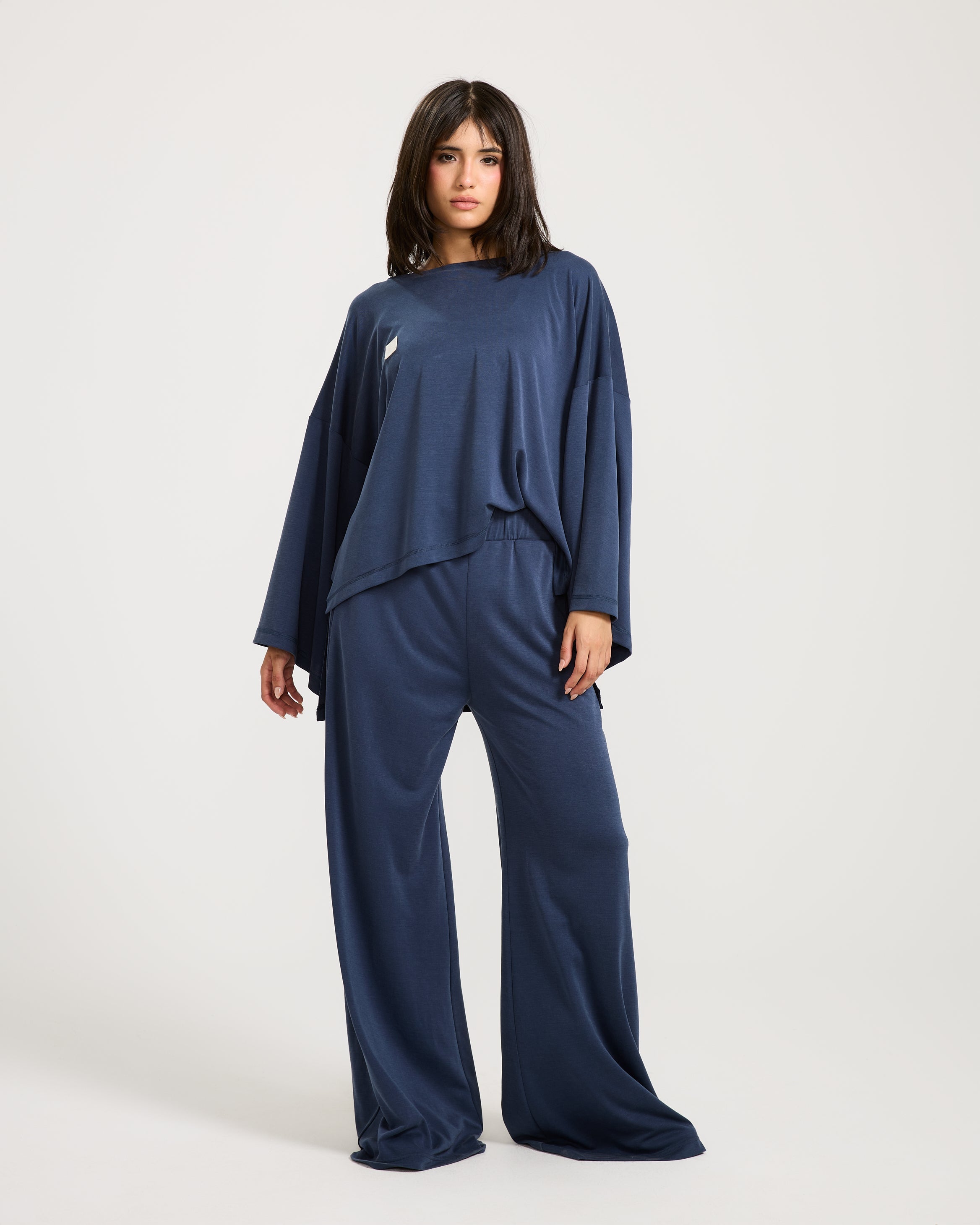 Elastic Waist Wide Leg Pants Navy