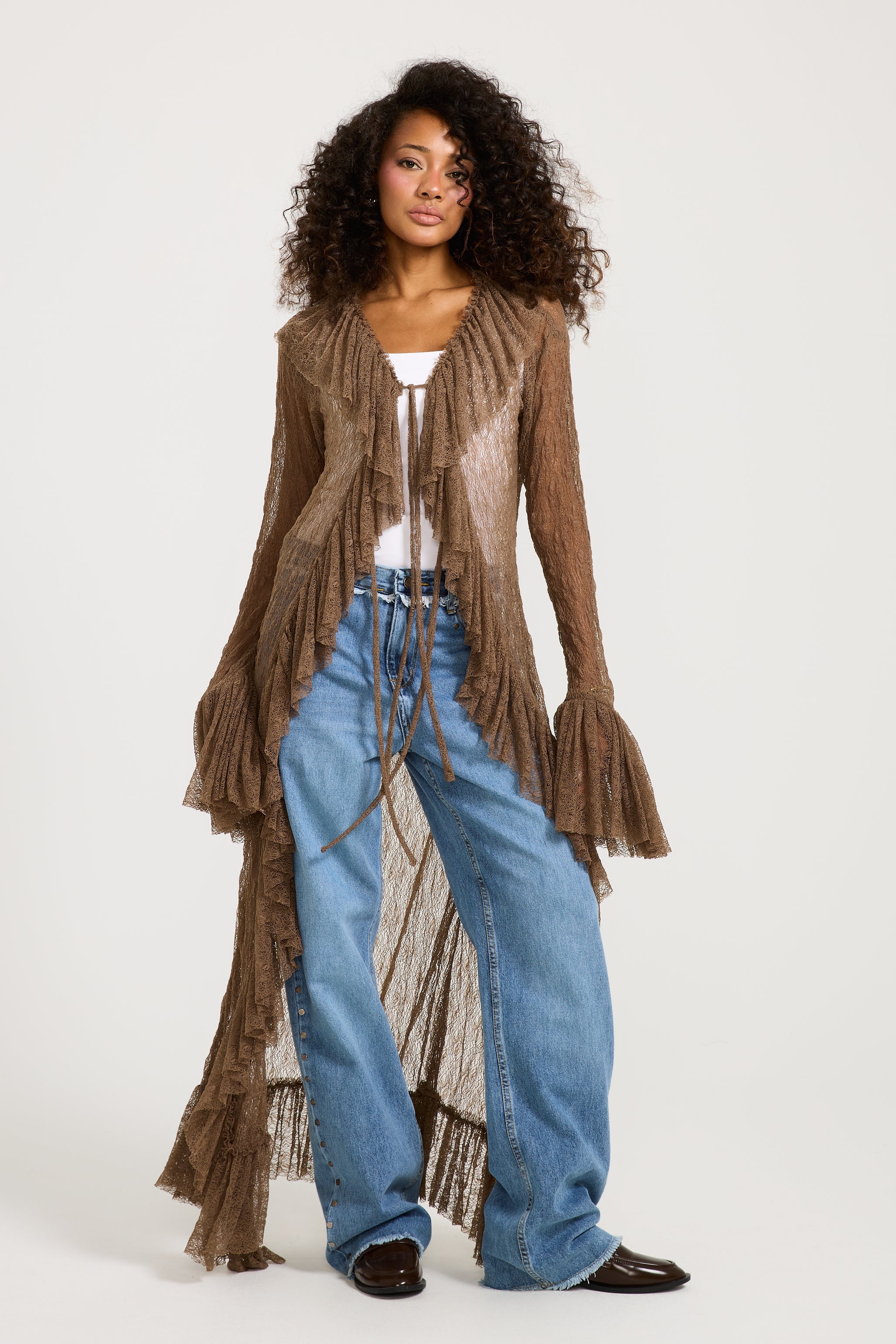 Ruffles Maxi Cardigan In Brown