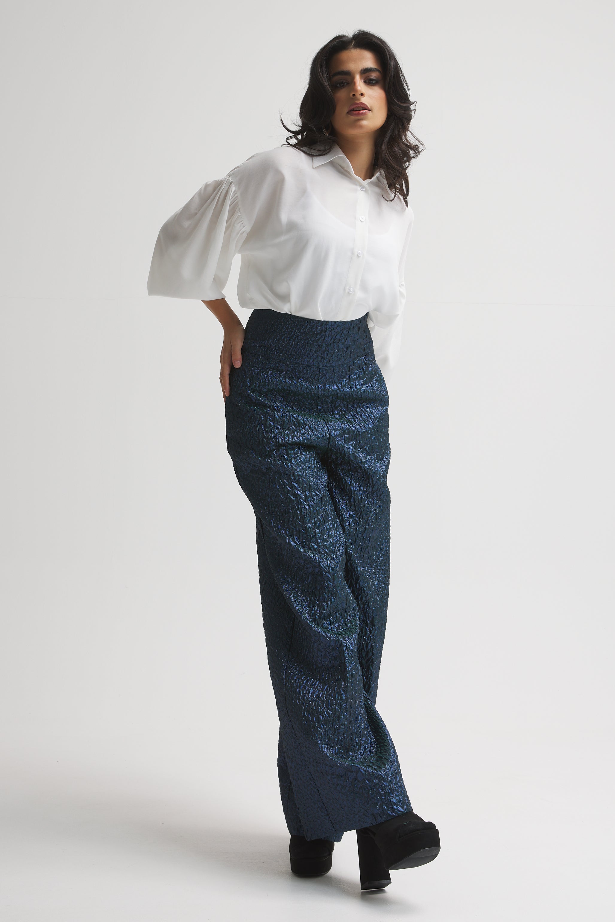 Shinny Blue High Waist Wide Leg Pants