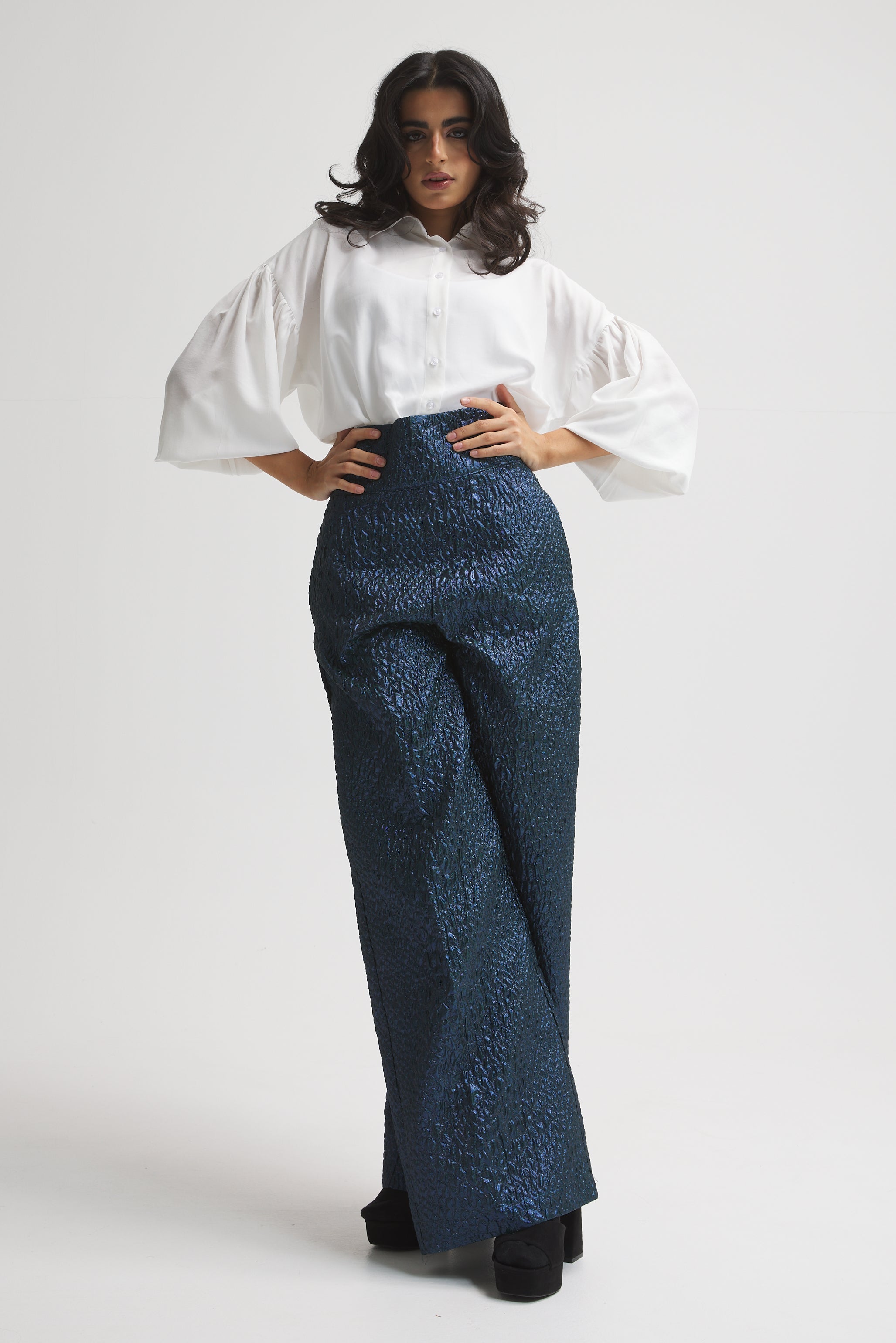 Shinny Blue High Waist Wide Leg Pants