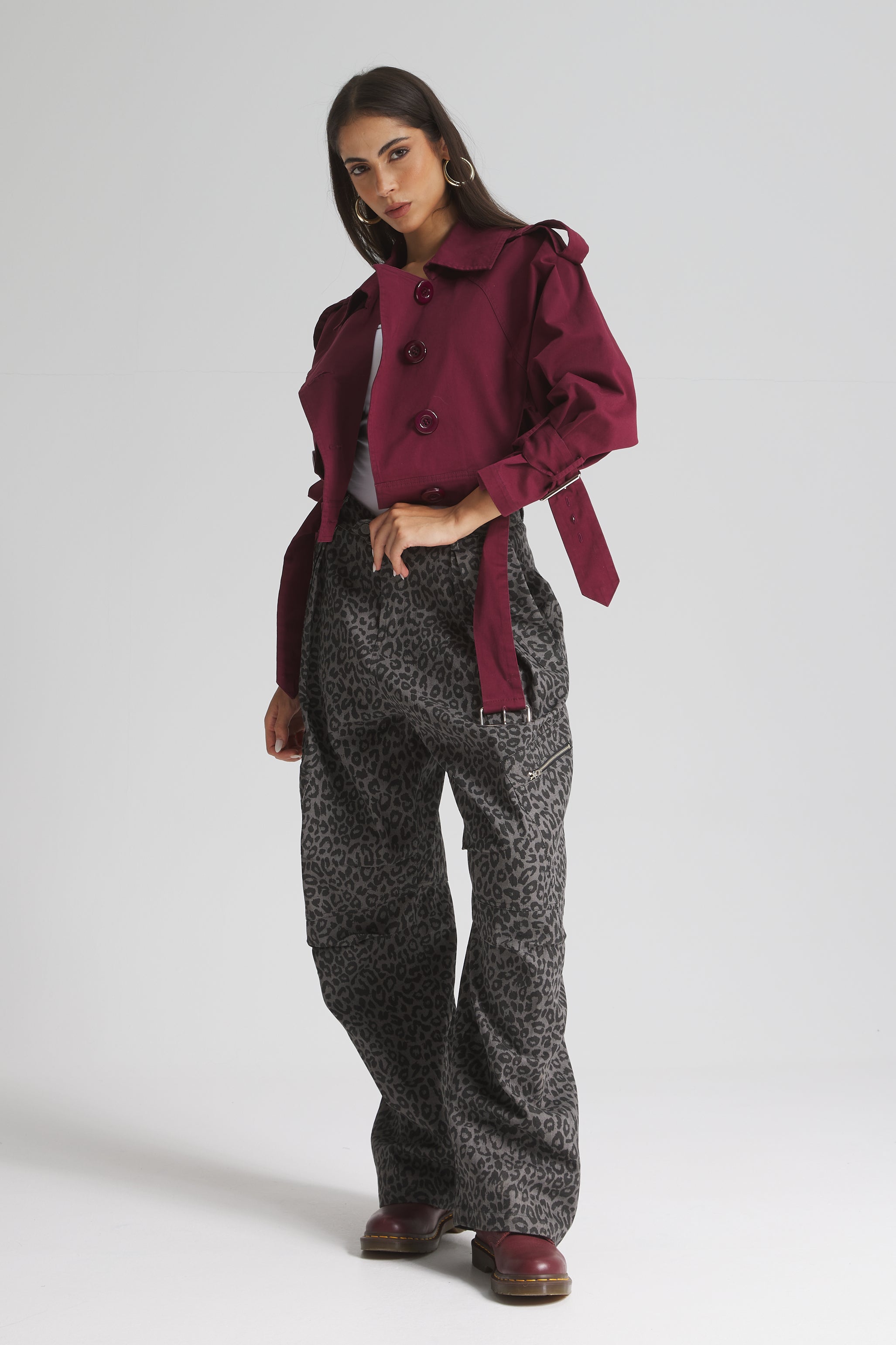 Short Trench Jacket In Burgundy