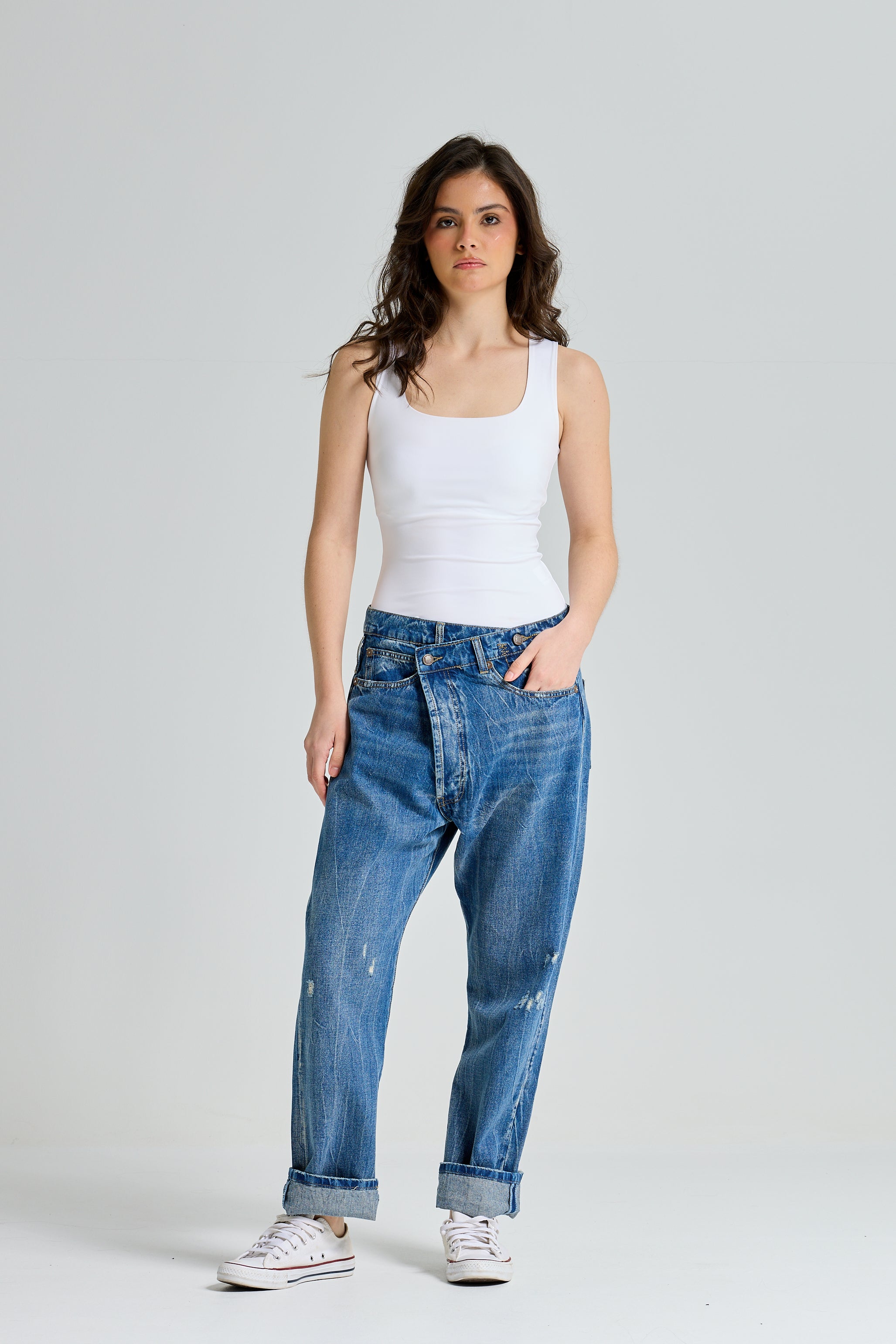 Tilted Zipper Dark Wash Denim