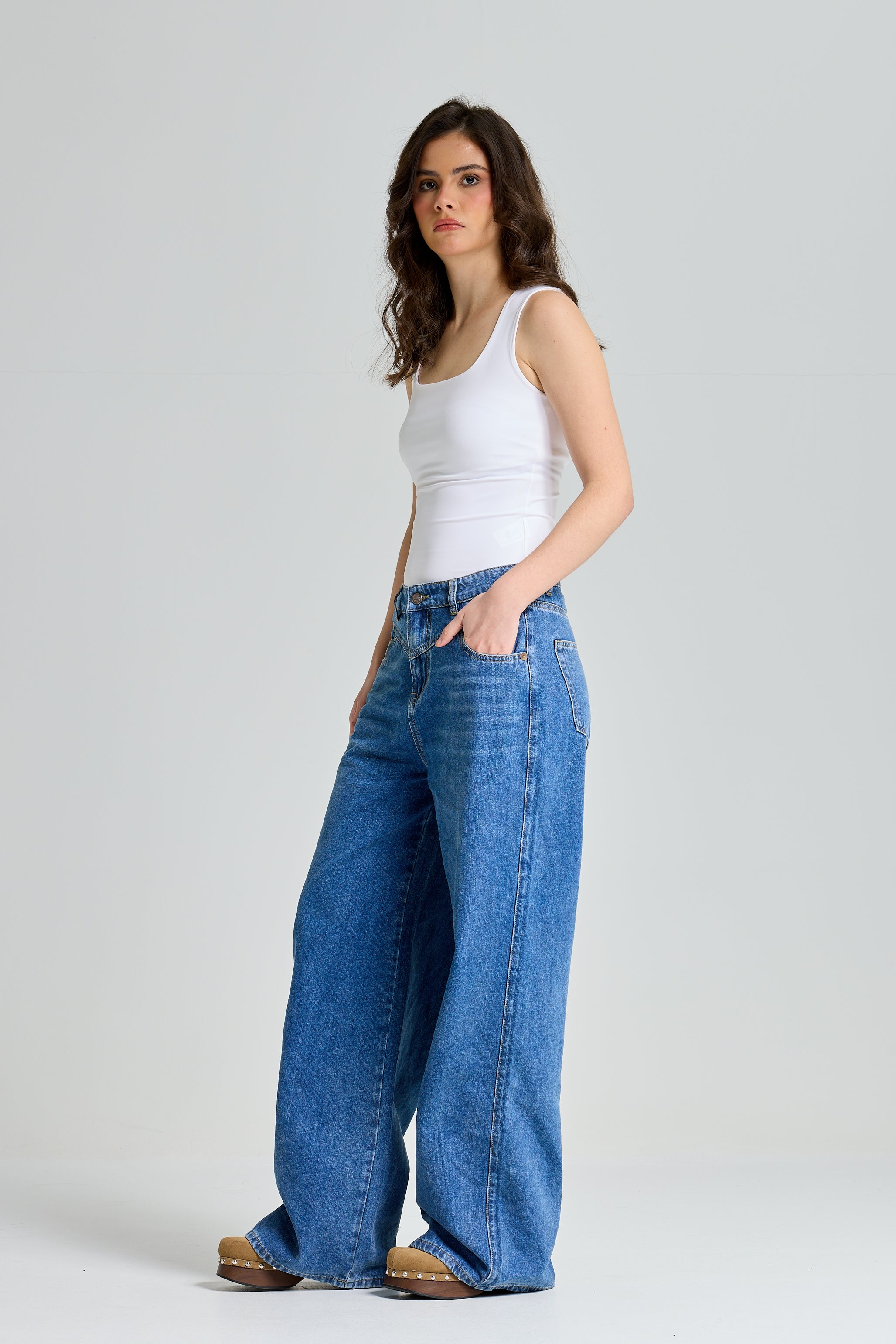 V Waist Wide Leg Denim Dark Wash