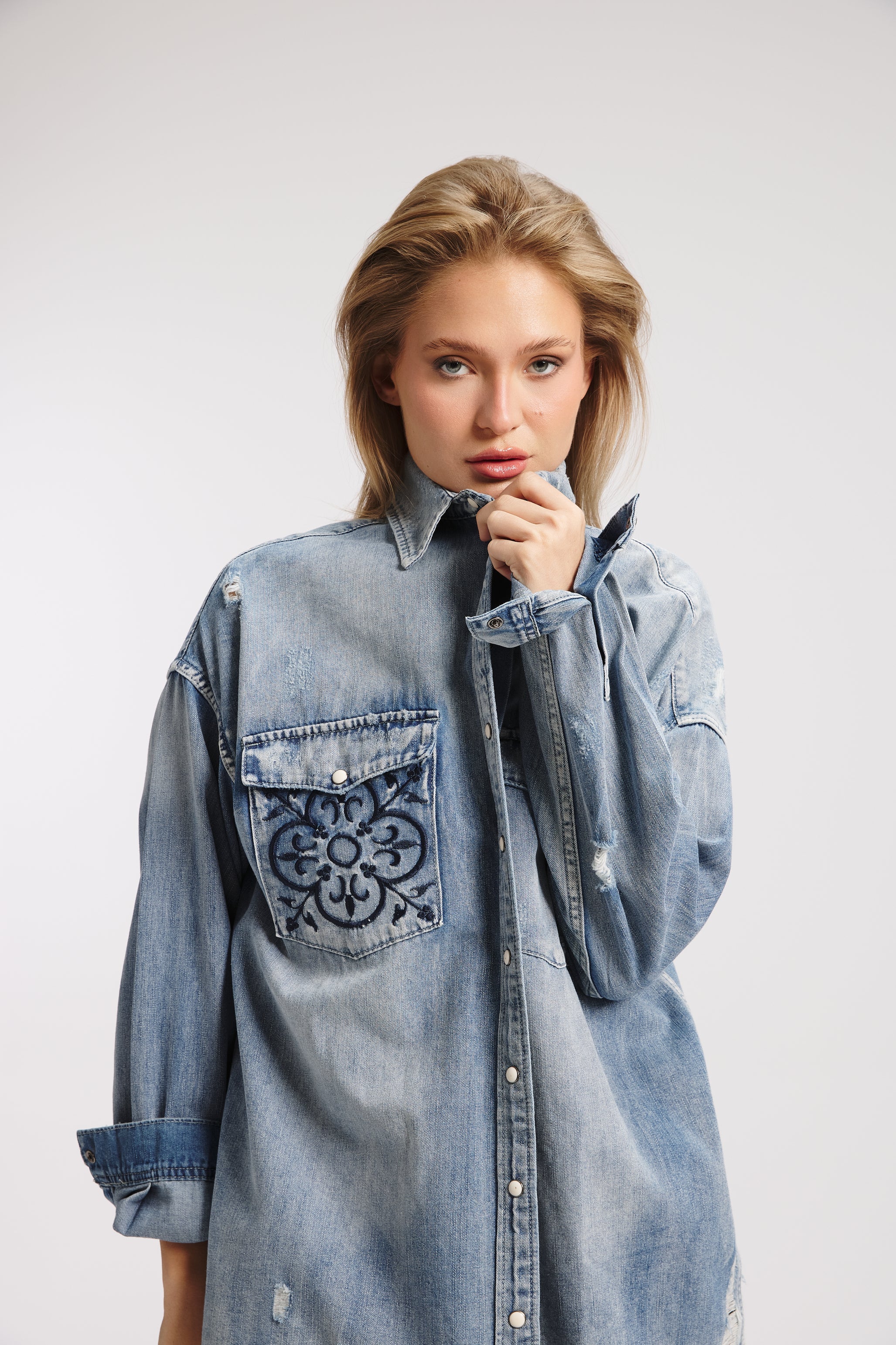 Logo Pocket Mid Wash Denim Shirt