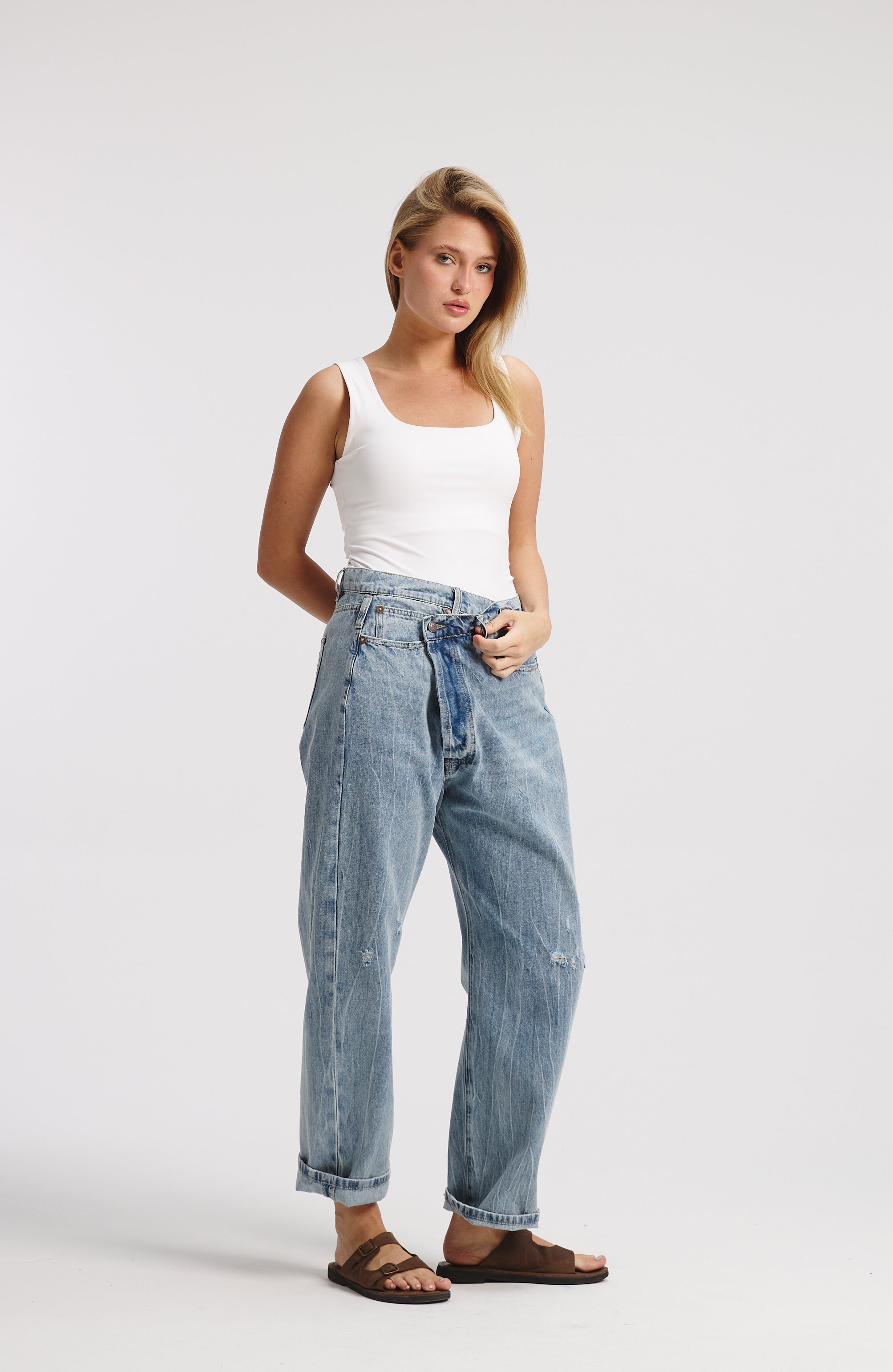 Tilted Zipper Mid Wash Denim