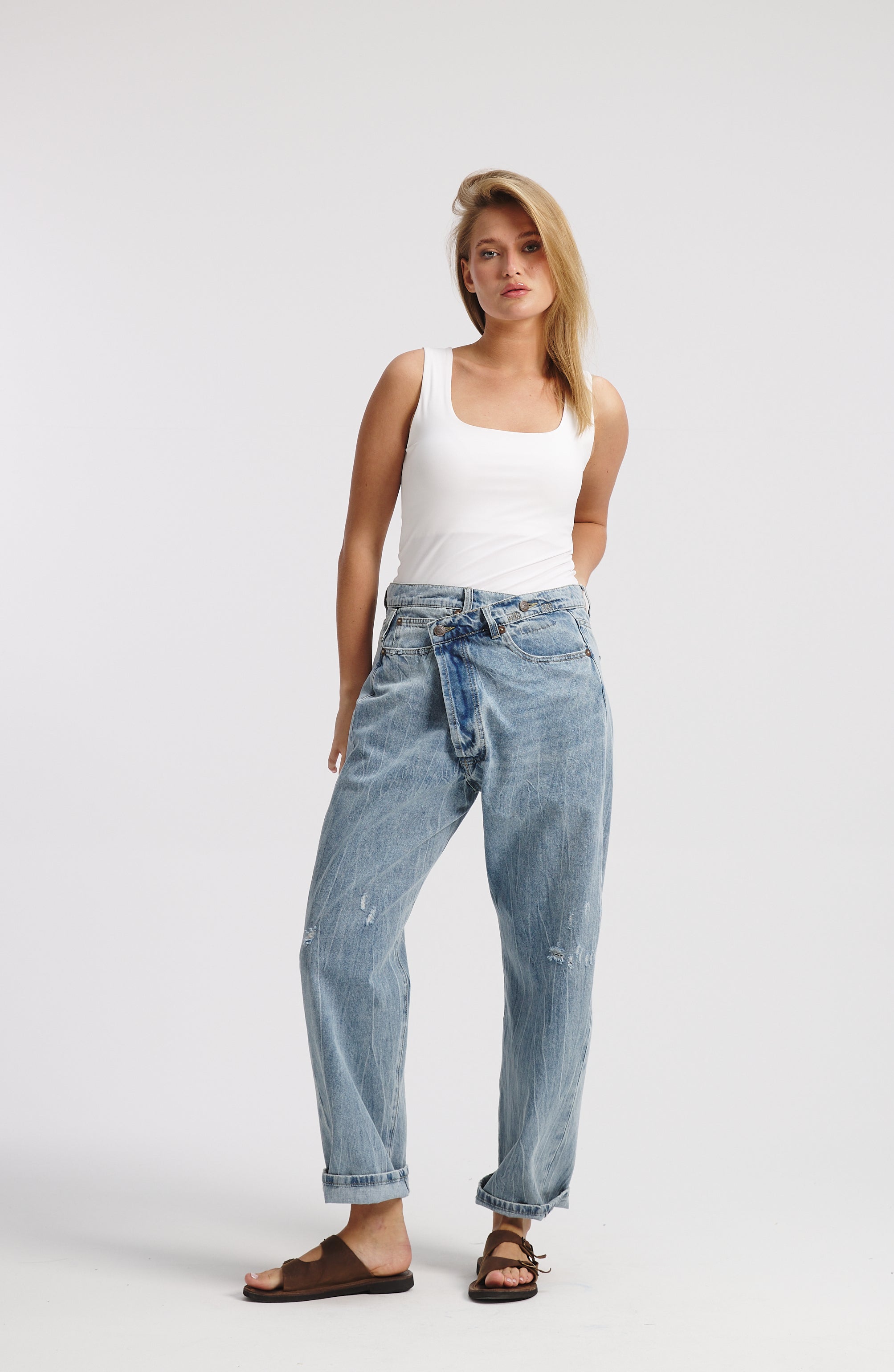 Tilted Zipper Mid Wash Denim