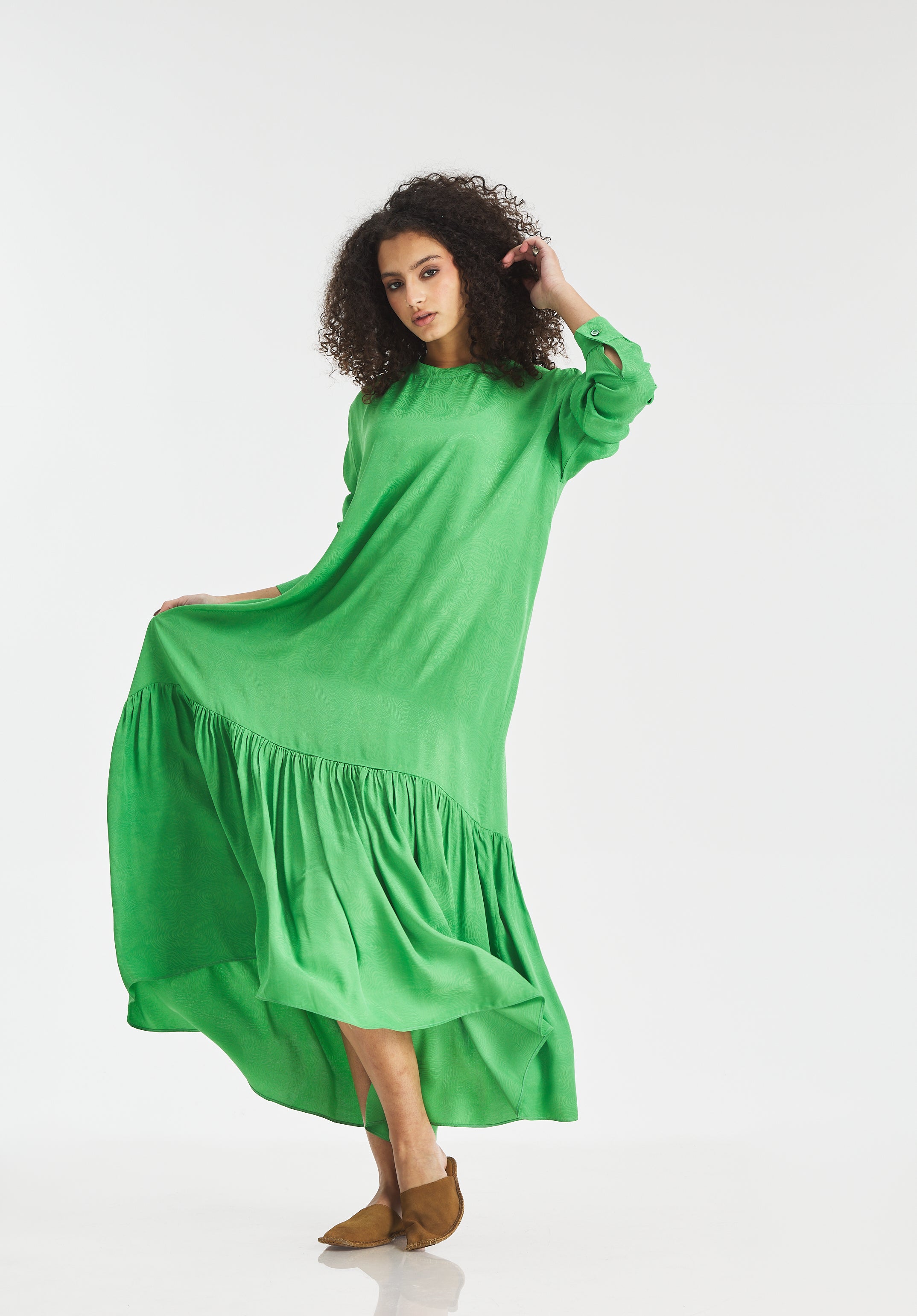 Light Green Buttom Ruffle Dress