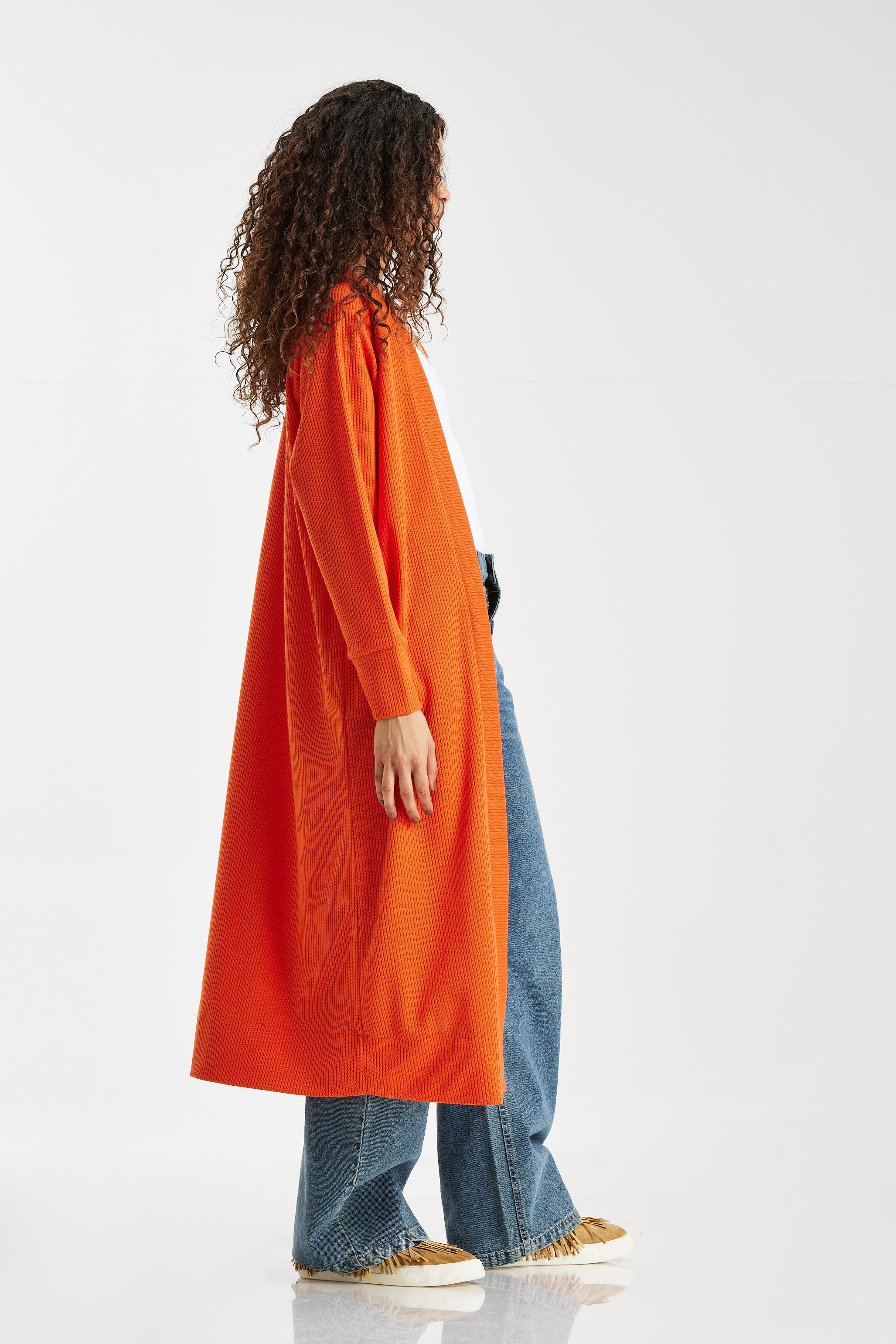 Ribbed Midi Cardigan In Orange