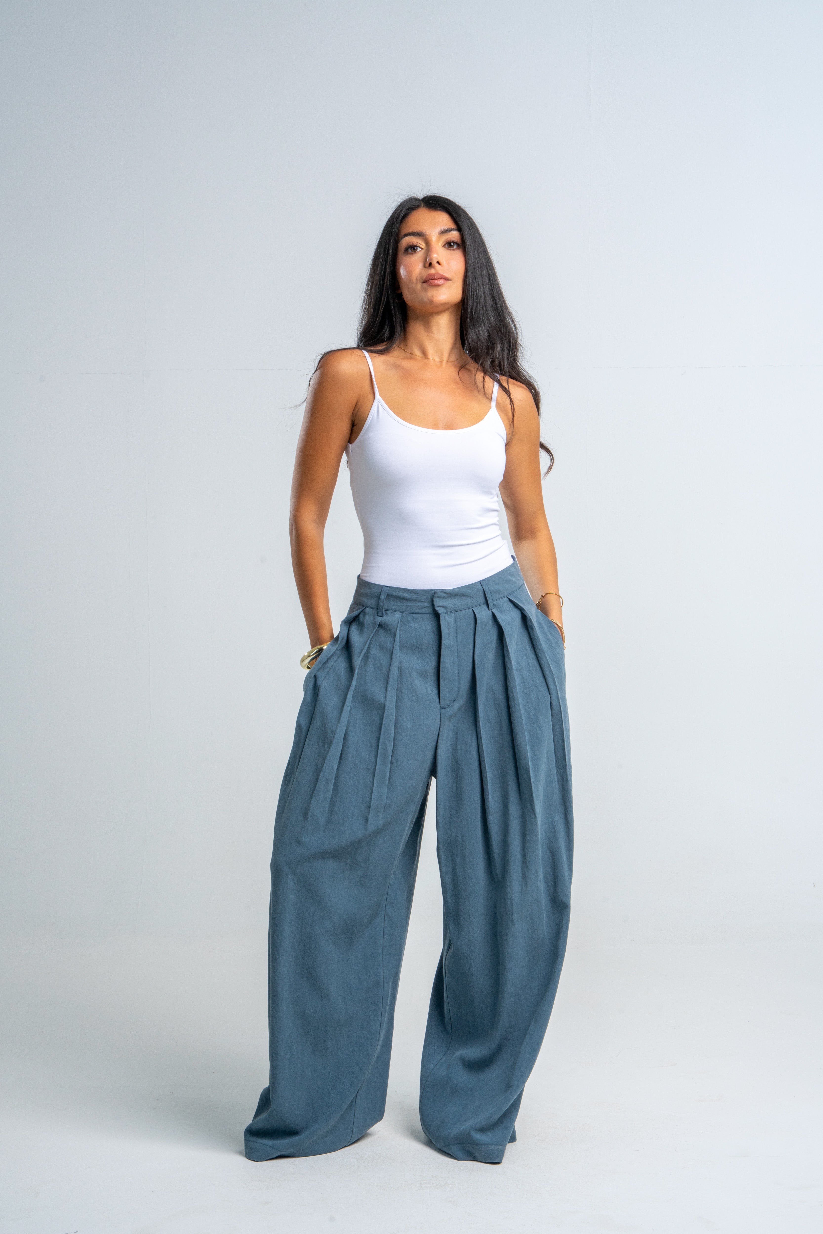 Wide Leg Pleated Teal Pants