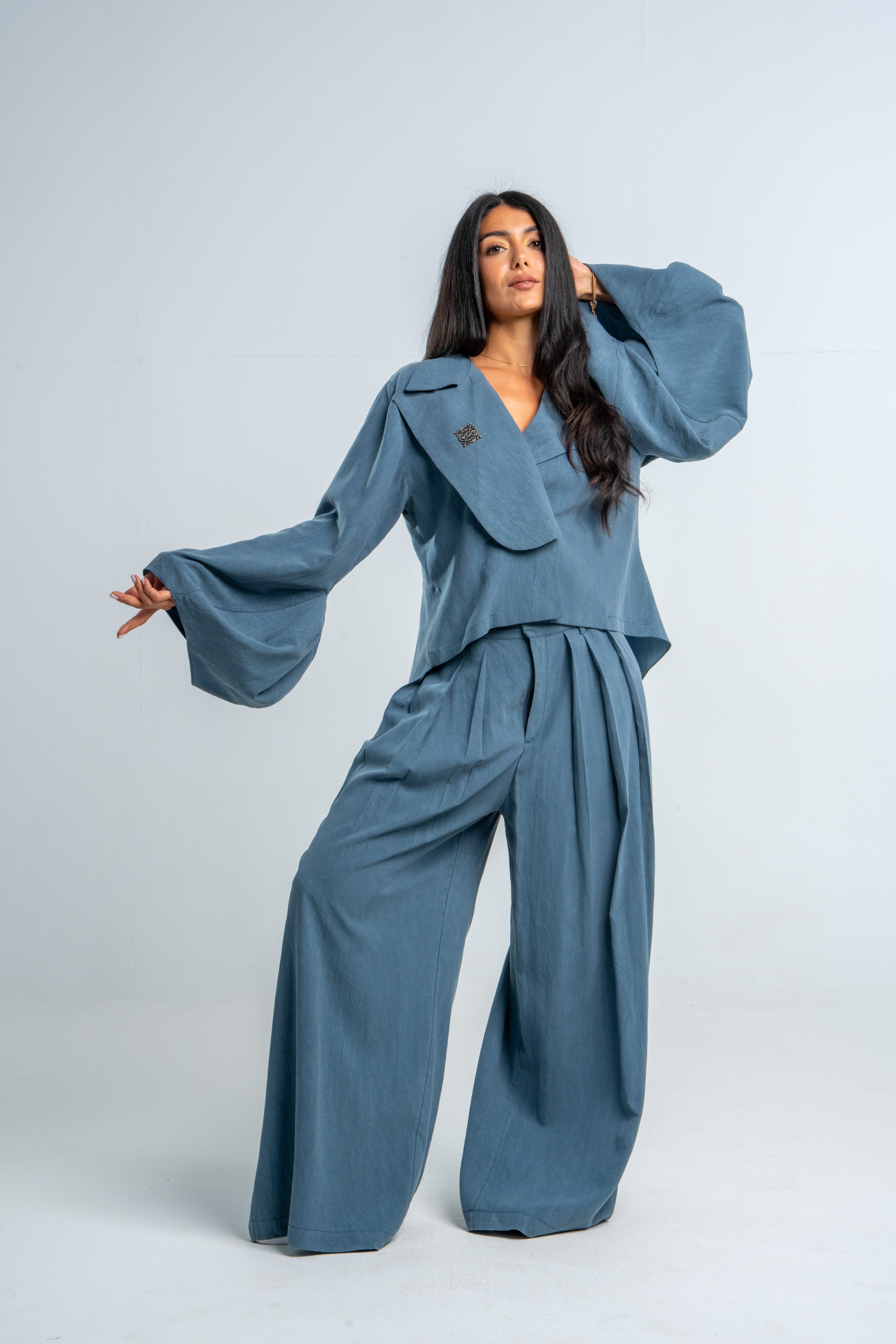 Wide Leg Pleated Teal Pants