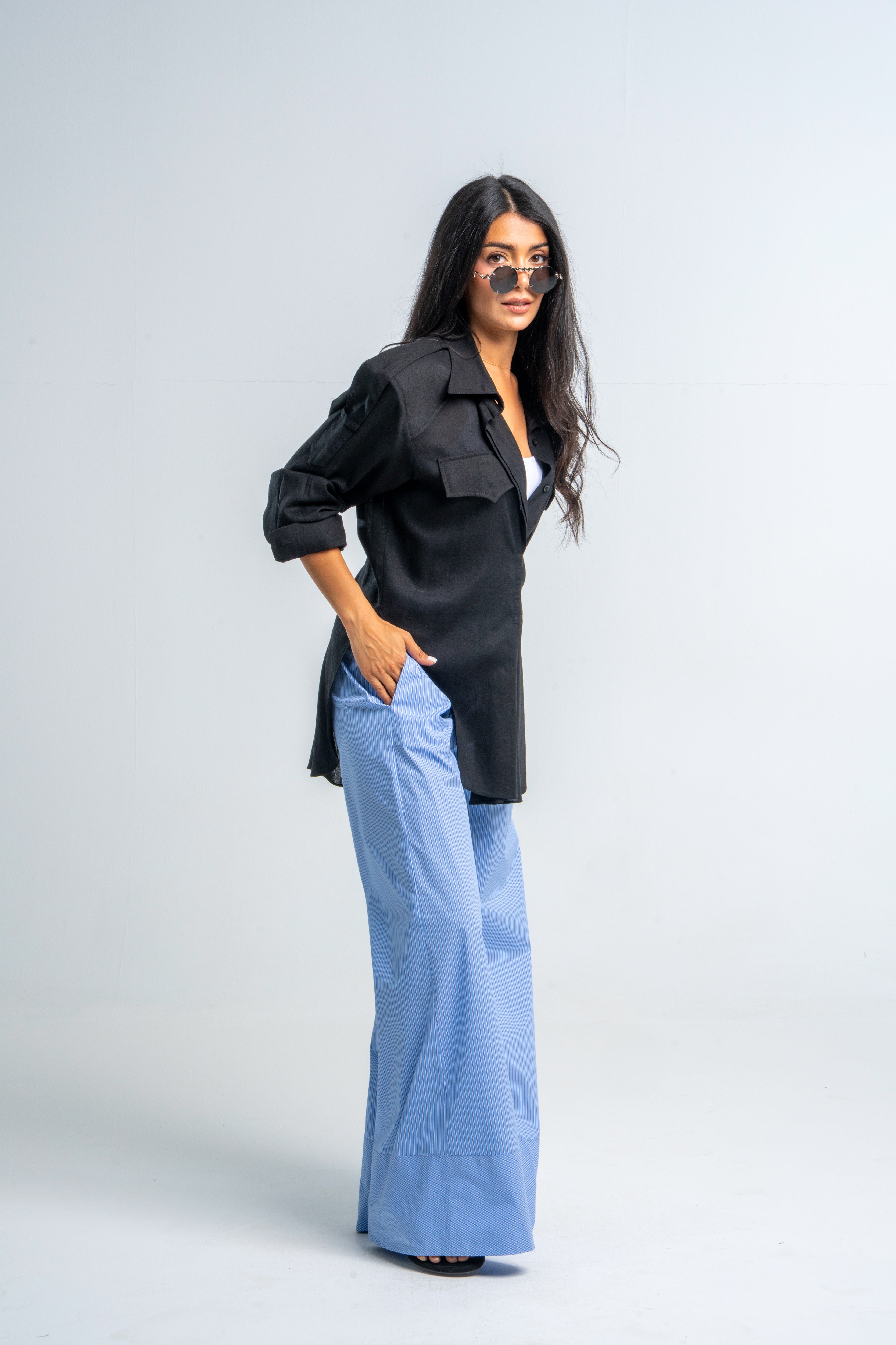 Waisted Bold Shoulders Linen Shirt