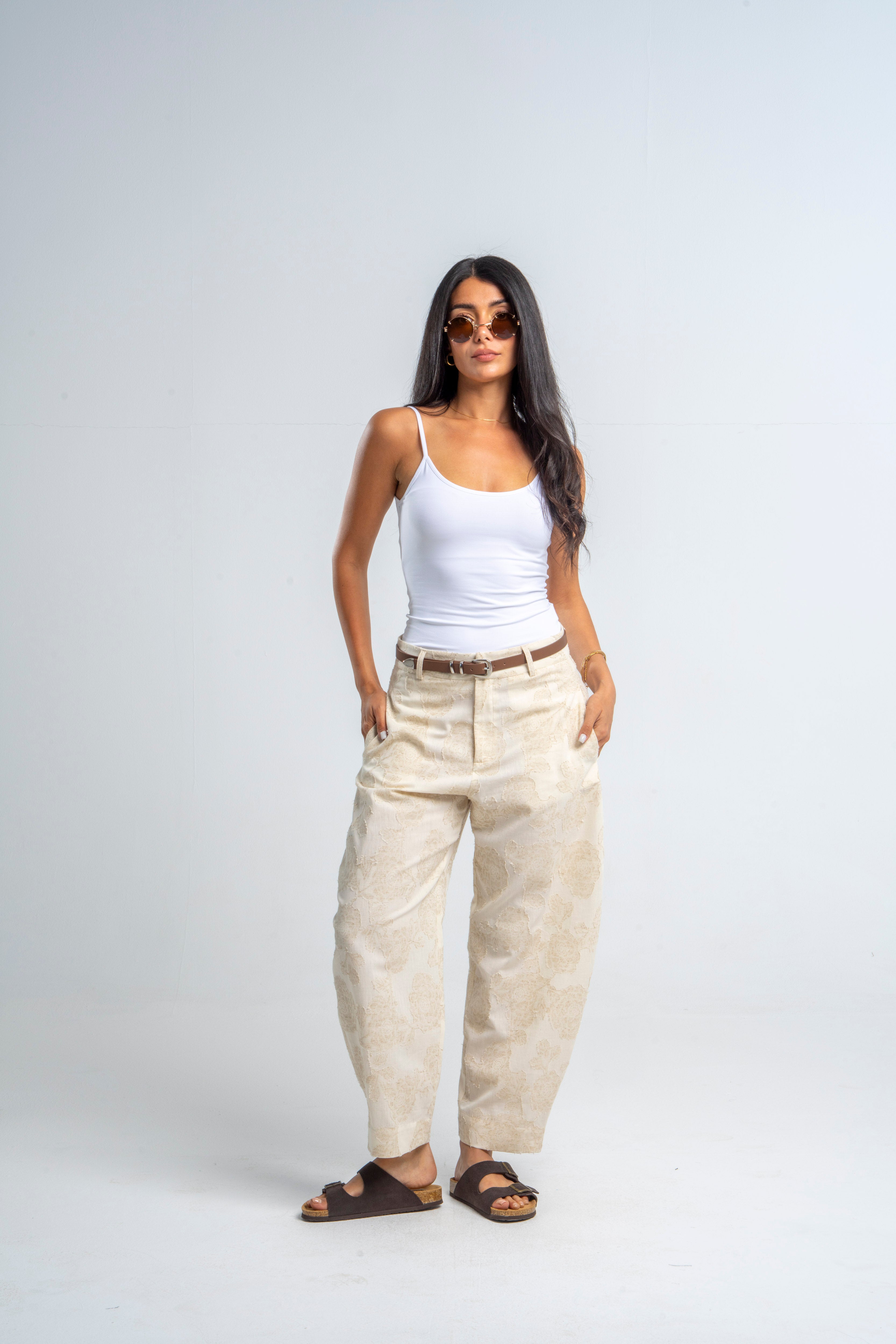 Flowers Beige Linen Pants