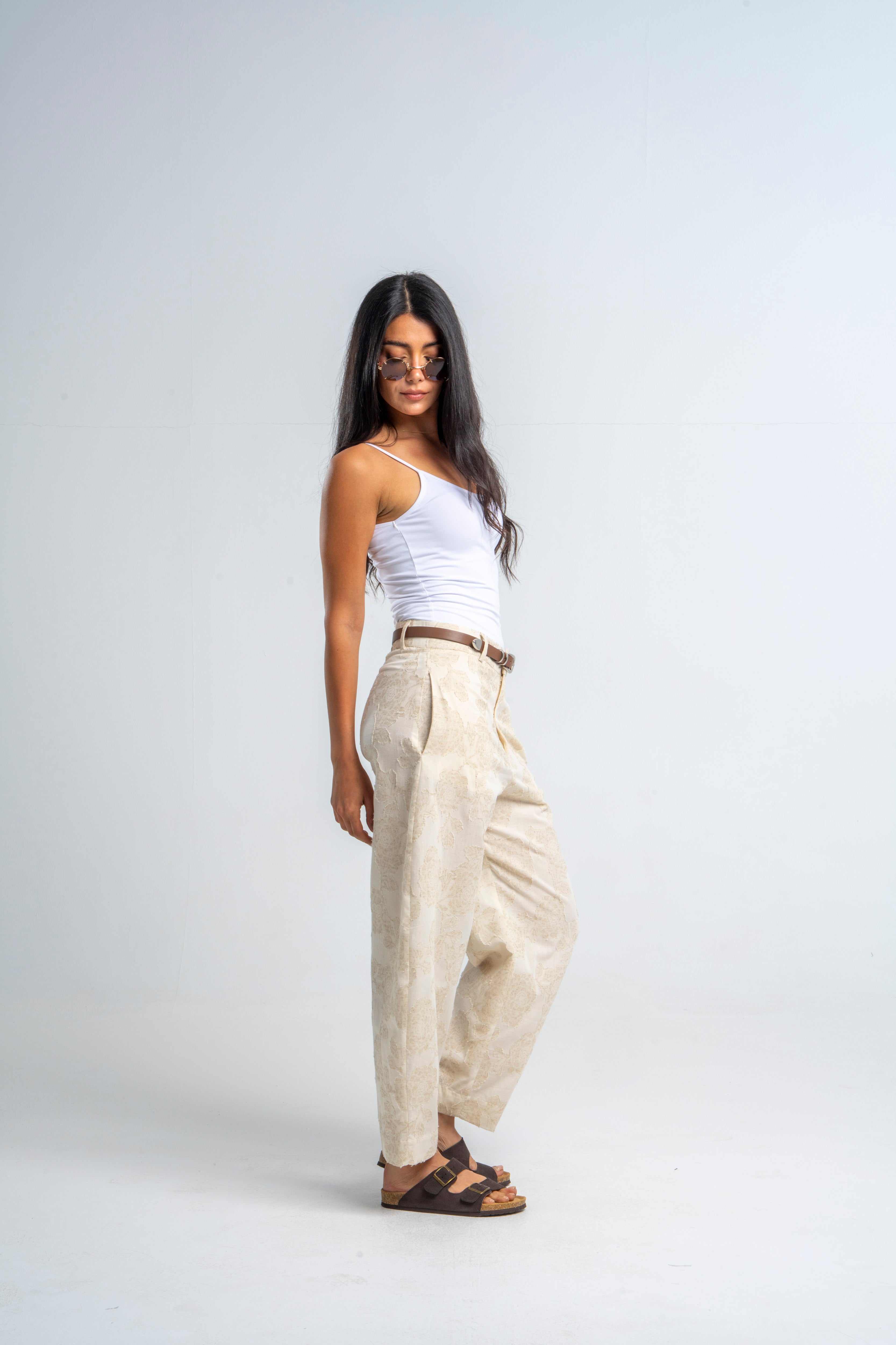 Flowers Beige Linen Pants