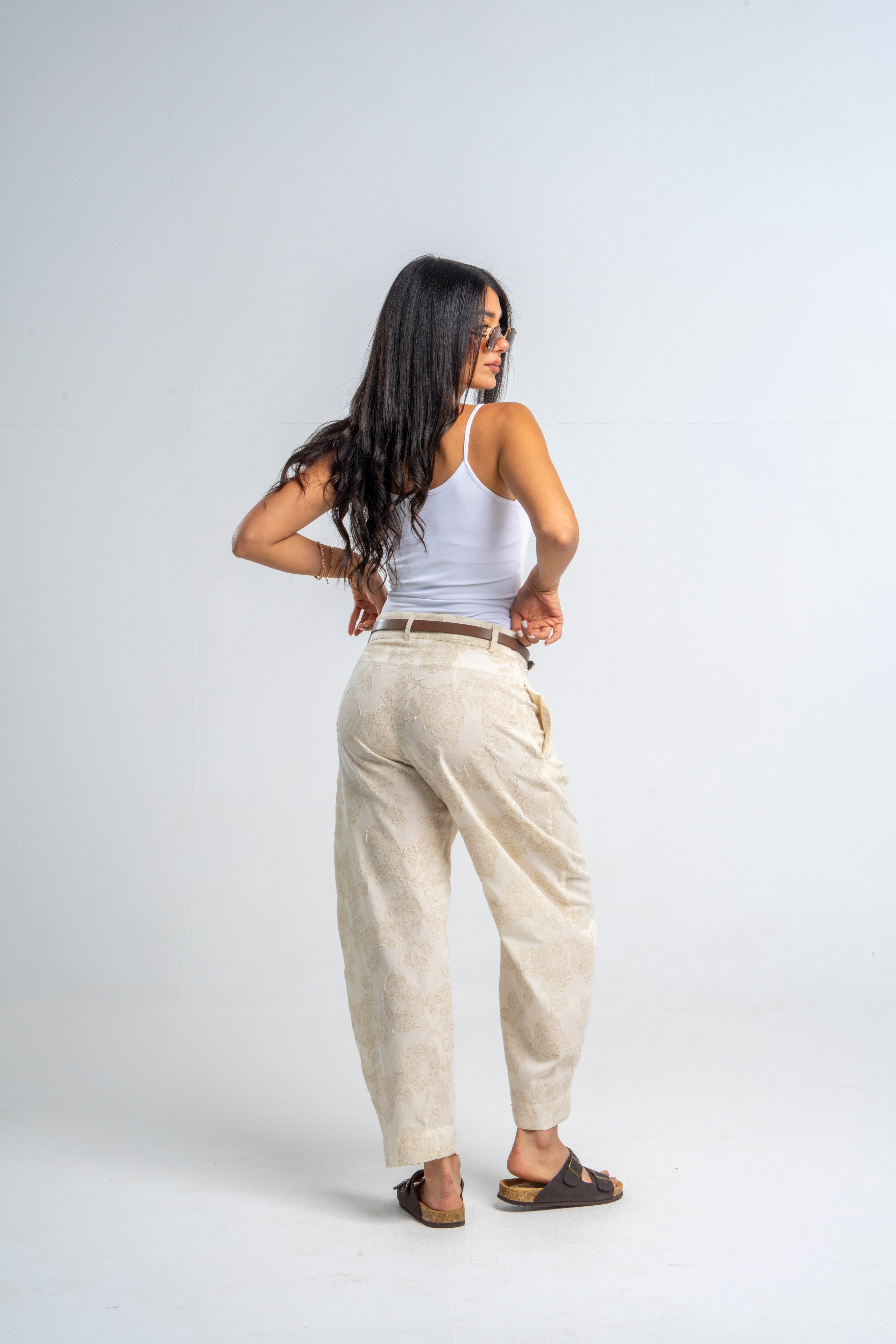 Flowers Beige Linen Pants