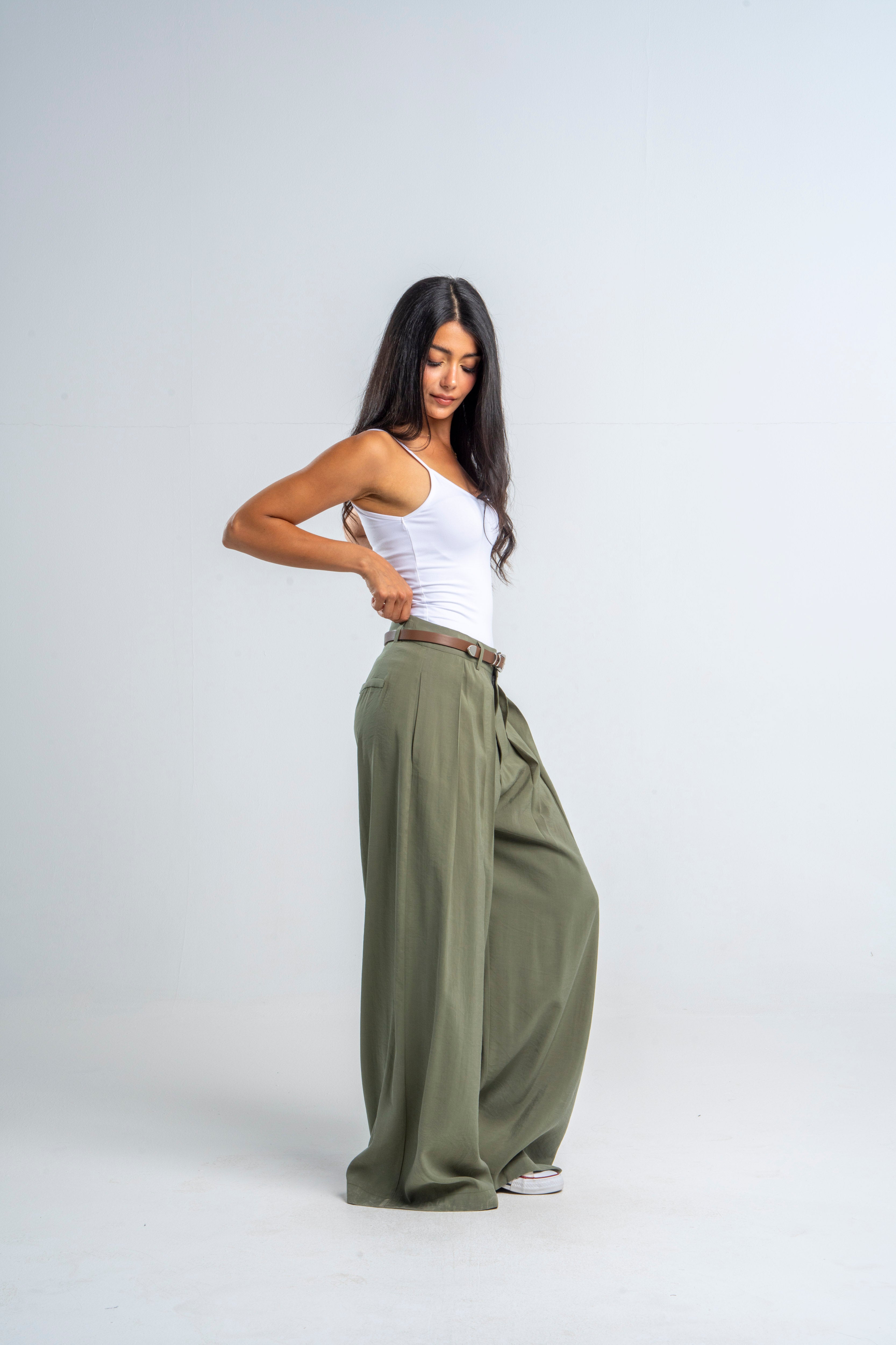 Wide Leg Pleated Olive Pants