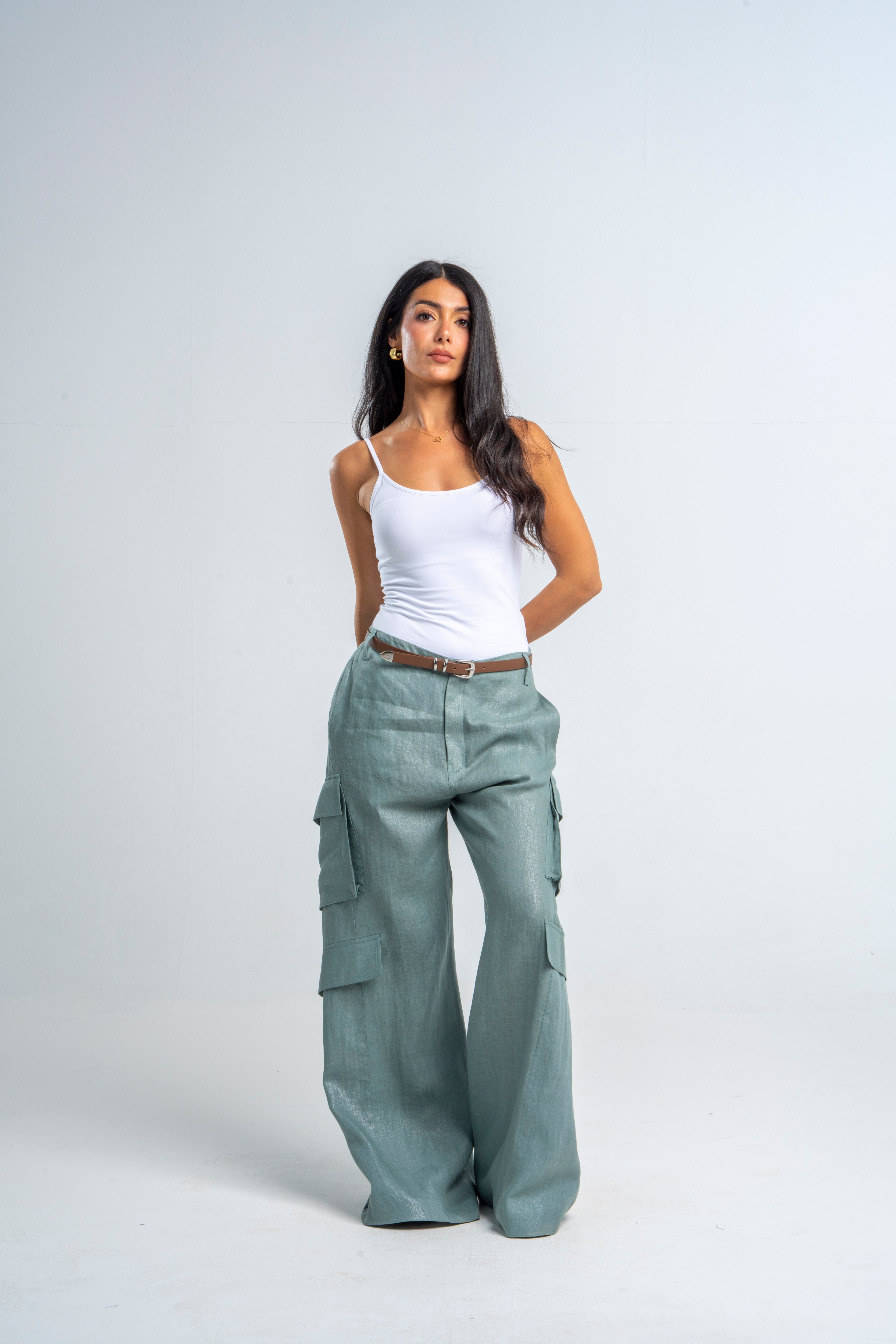 Linen Aqua Twisted Cargo Pants
