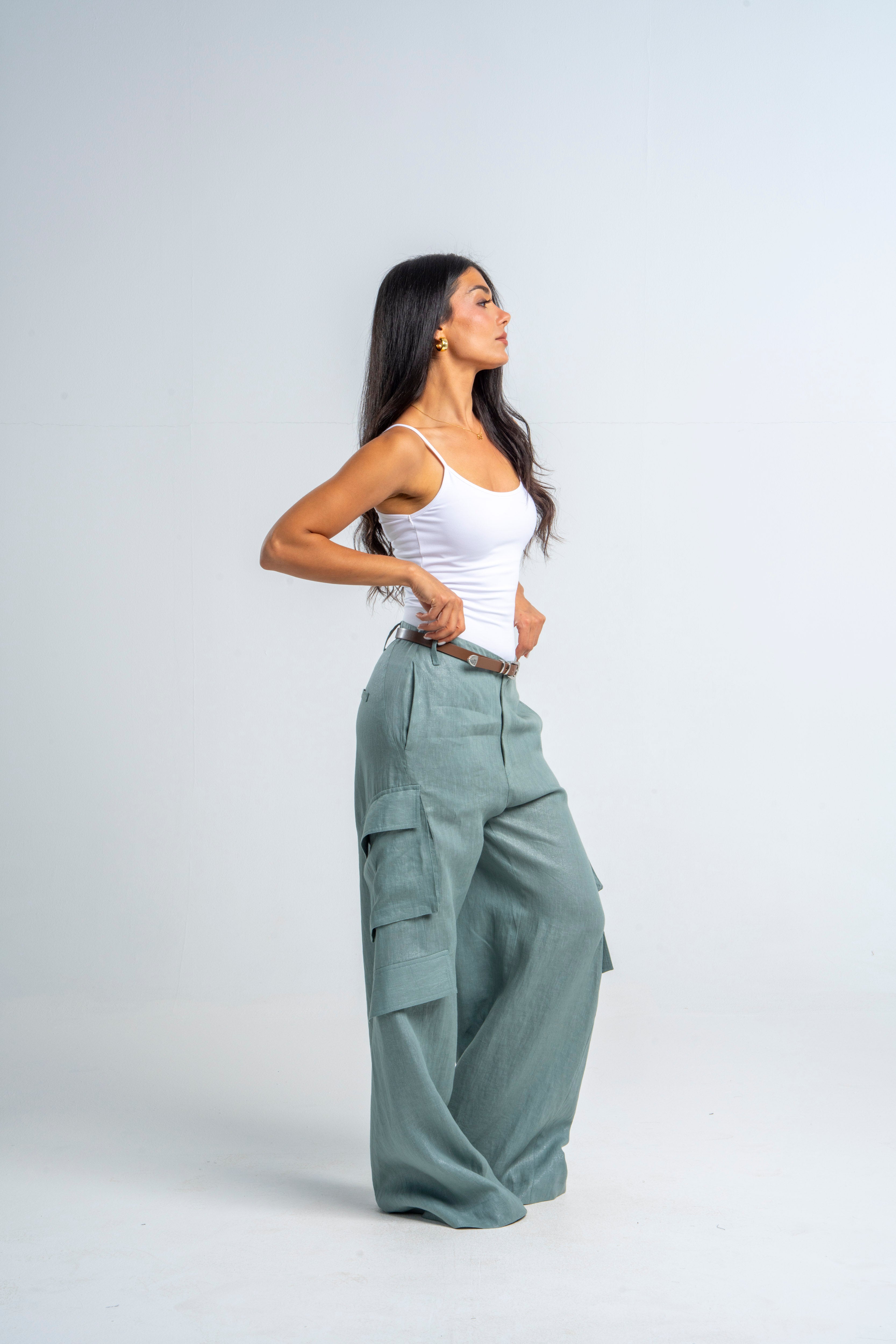 Linen Aqua Twisted Cargo Pants