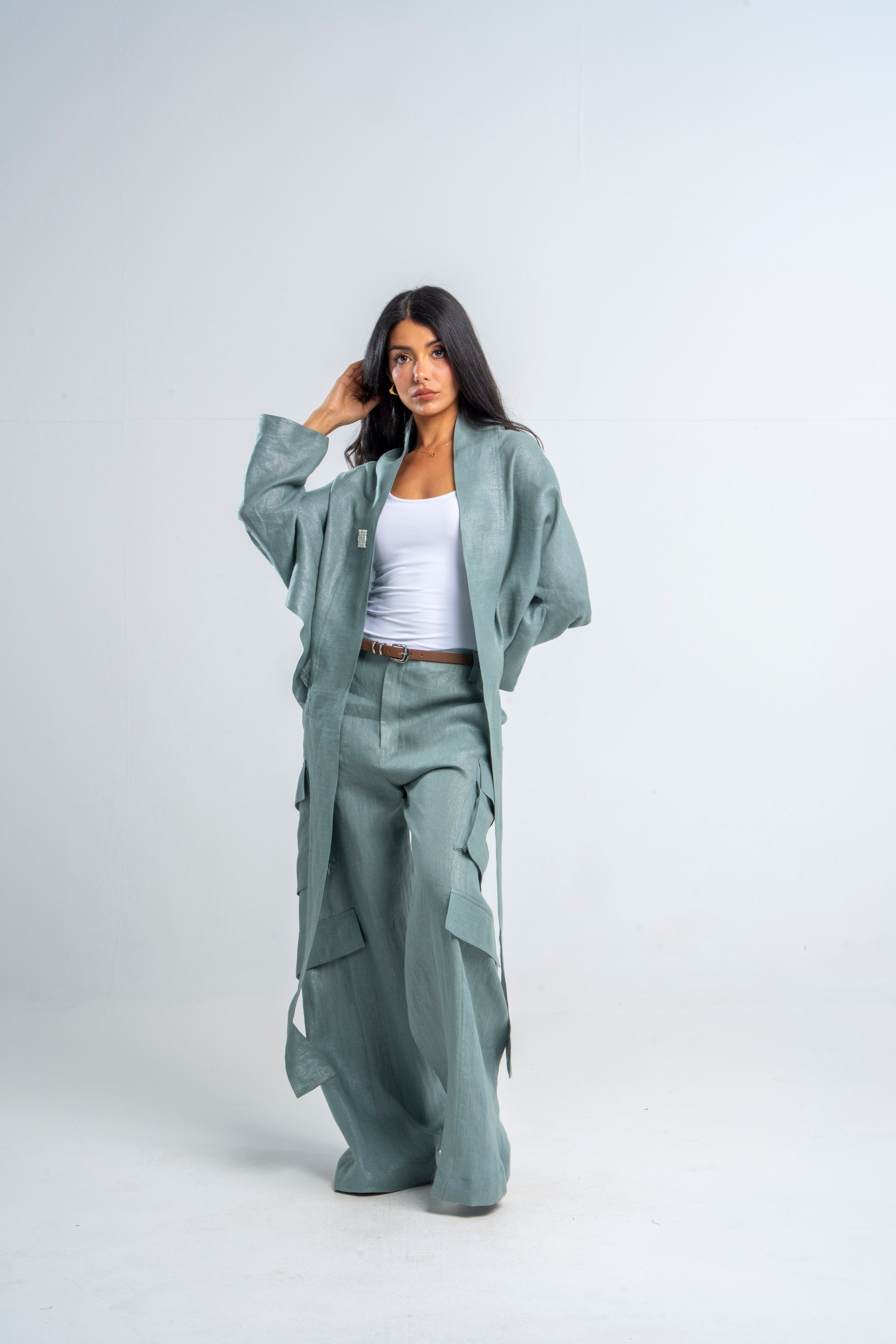 Linen Aqua Twisted Cargo Pants