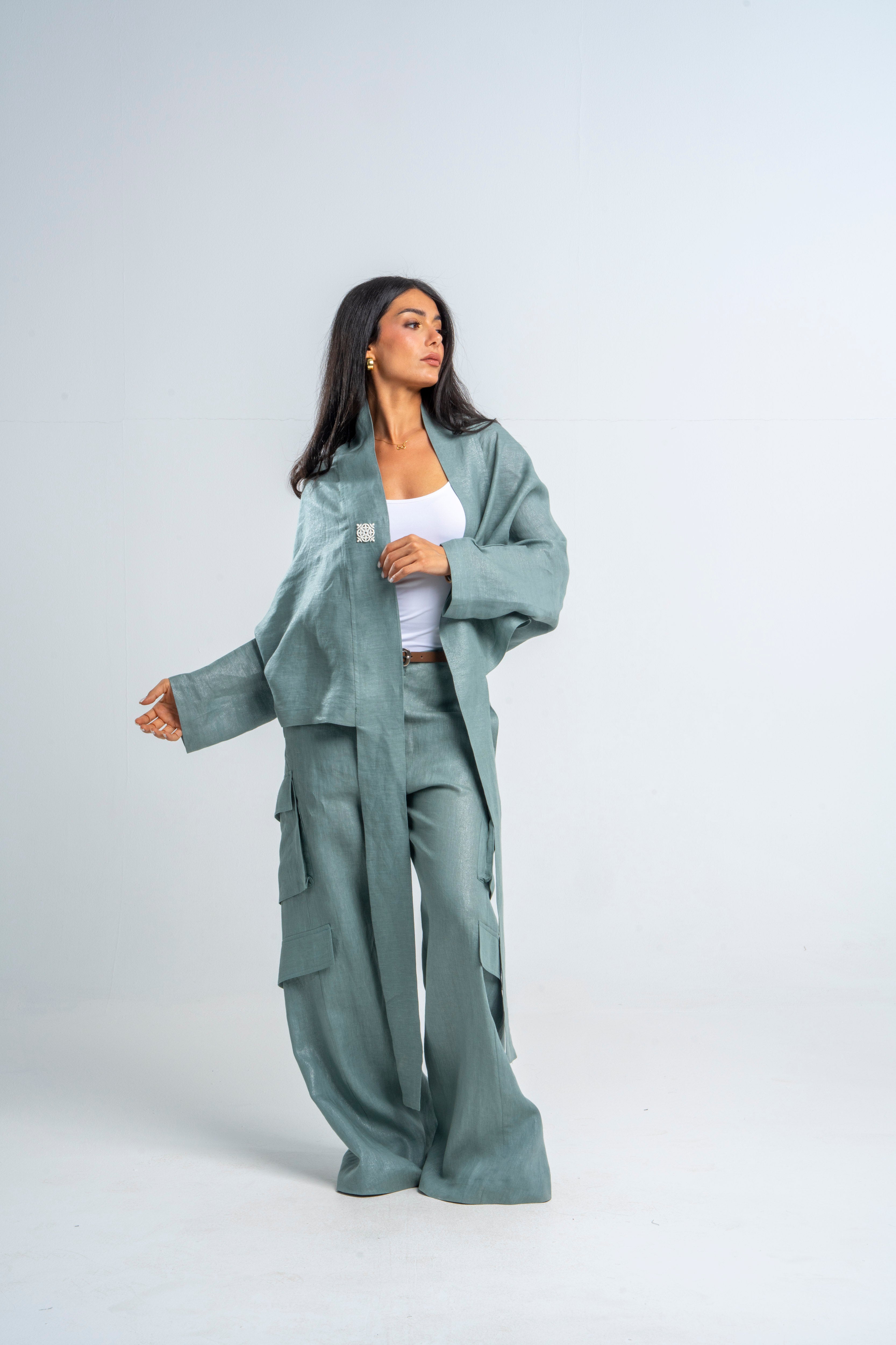 Linen Shiny Aqua Cardigan