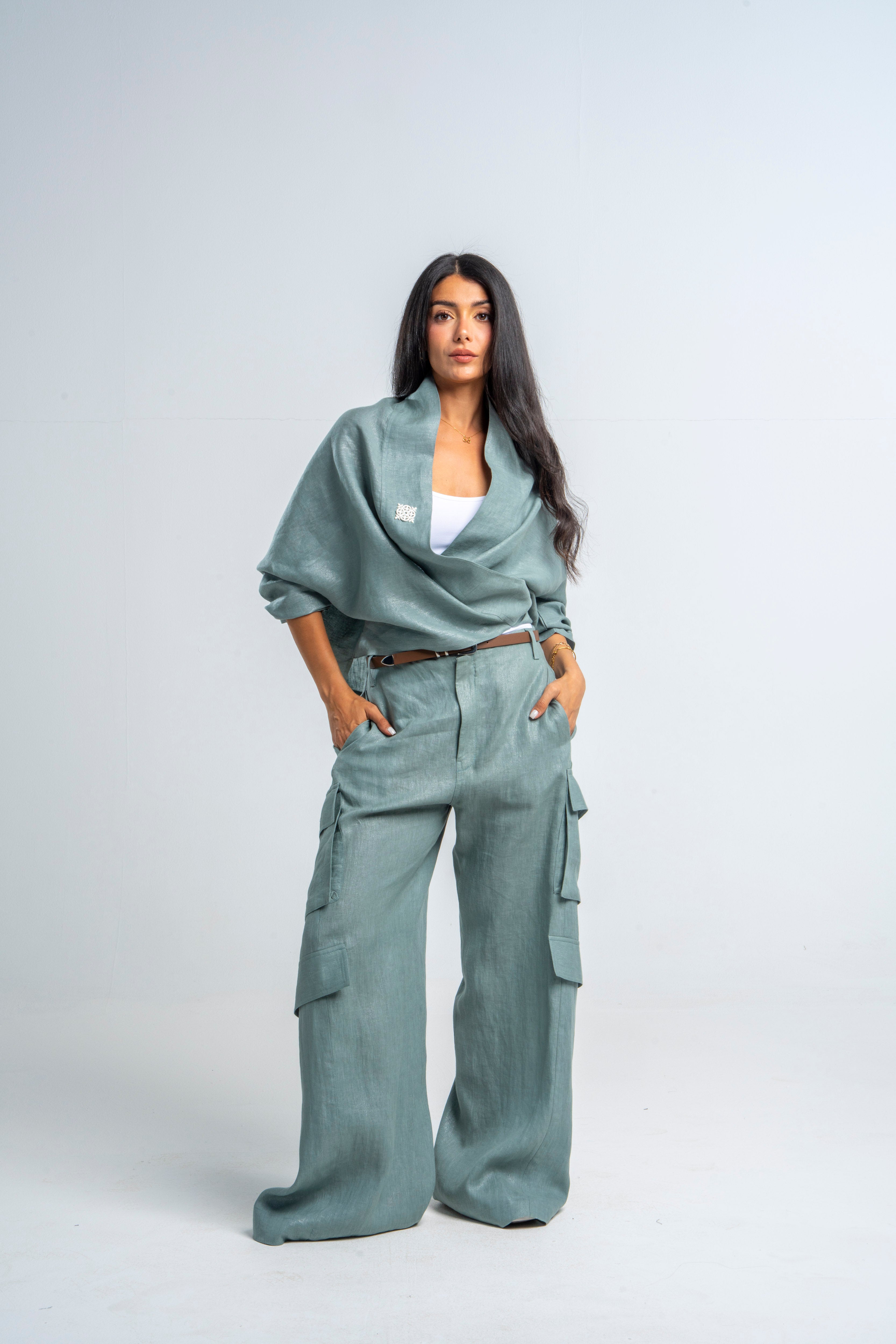 Linen Shiny Aqua Cardigan