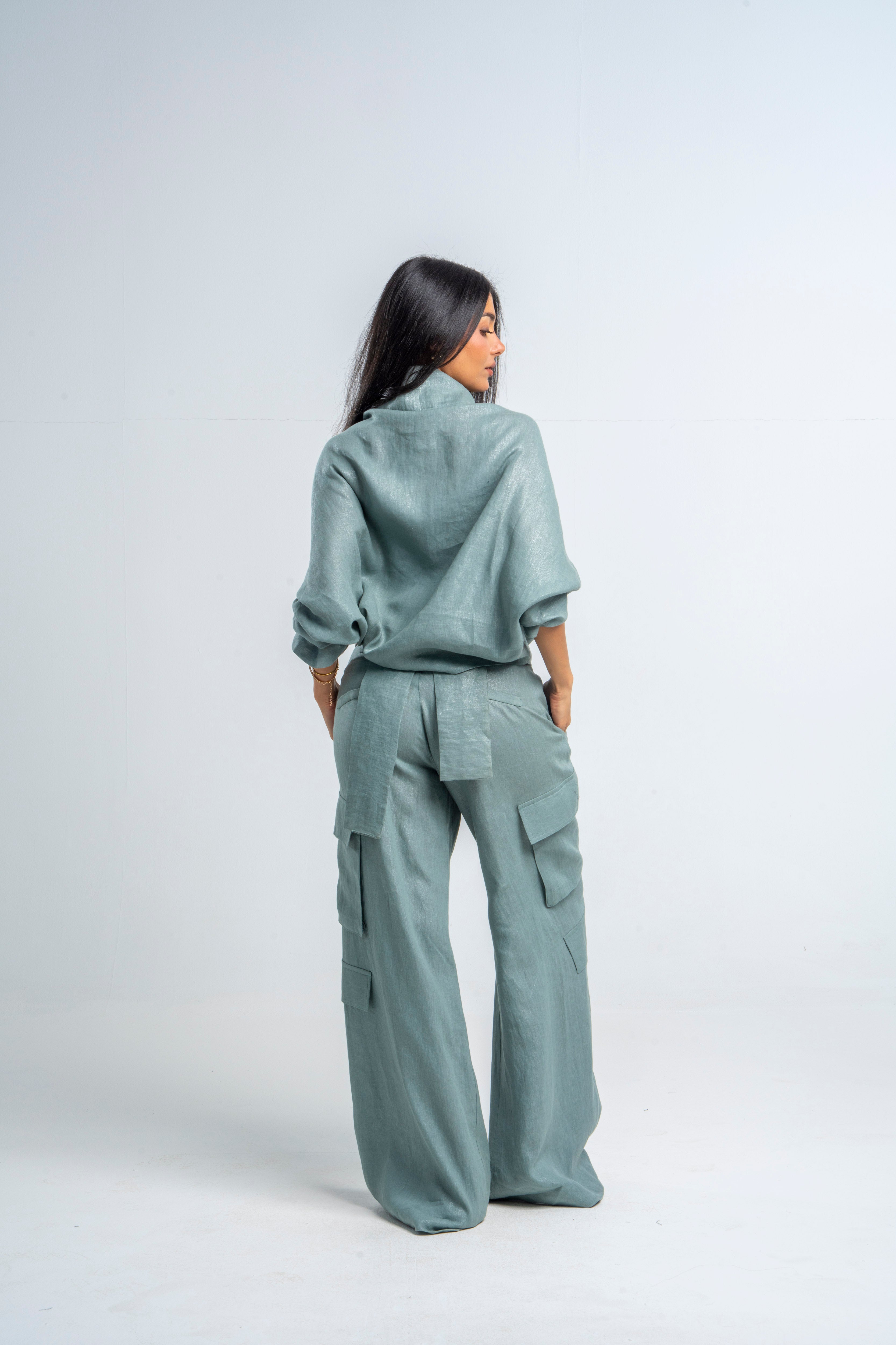 Linen Shiny Aqua Cardigan