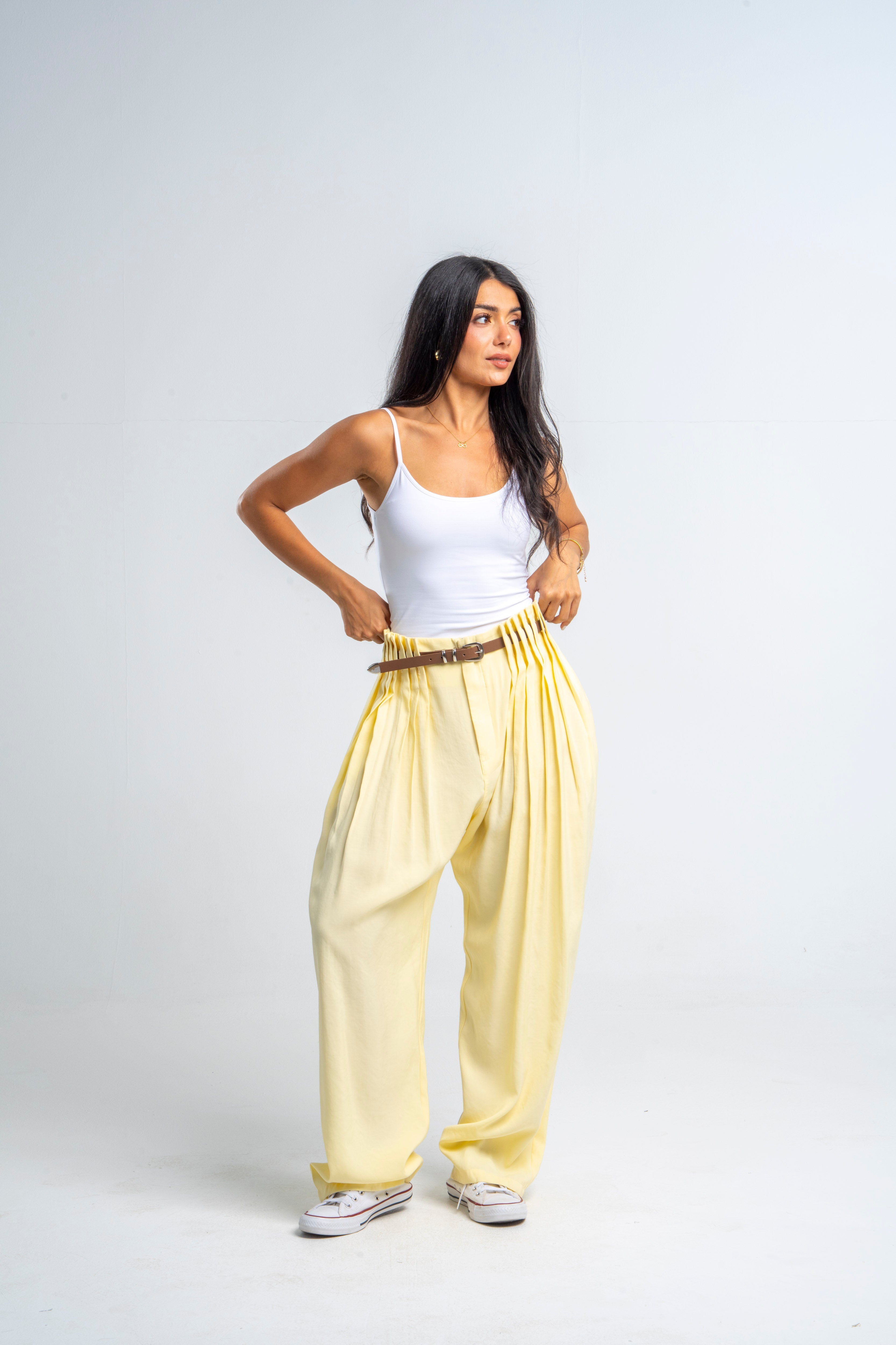 Oversize Waist Pleated Waist Pants Yellow