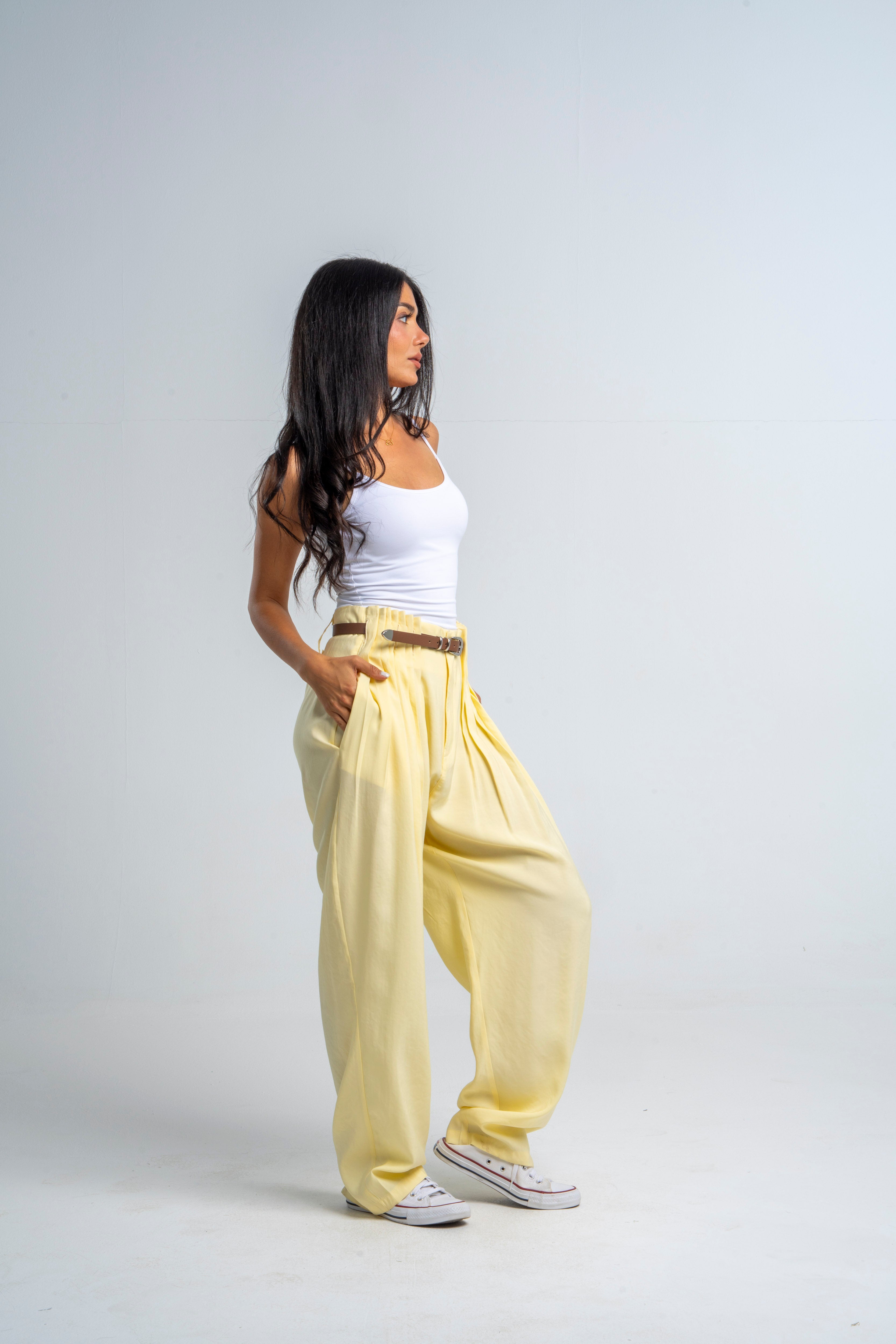 Oversize Waist Pleated Waist Pants Yellow