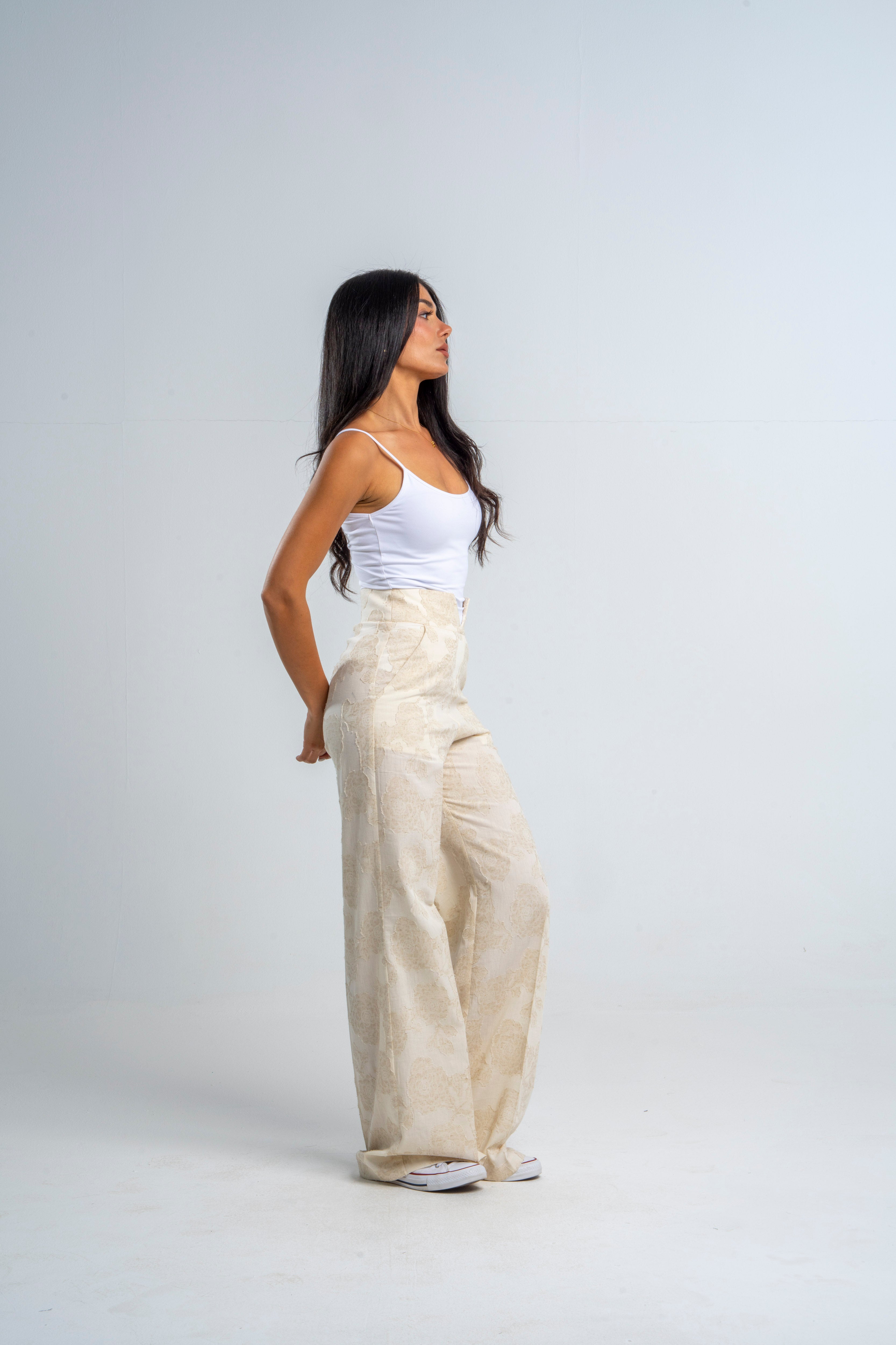 Flowery Linen Beige Pants