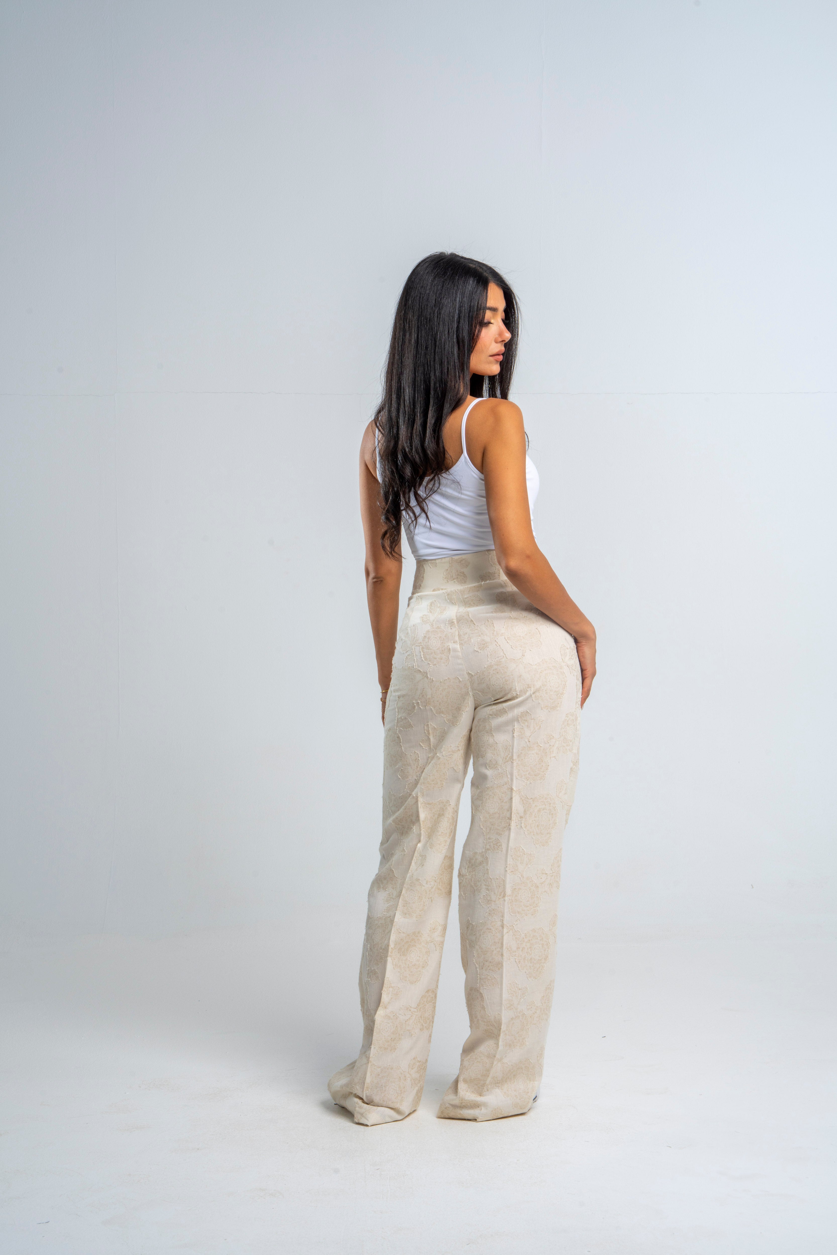 Flowery Linen Beige Pants
