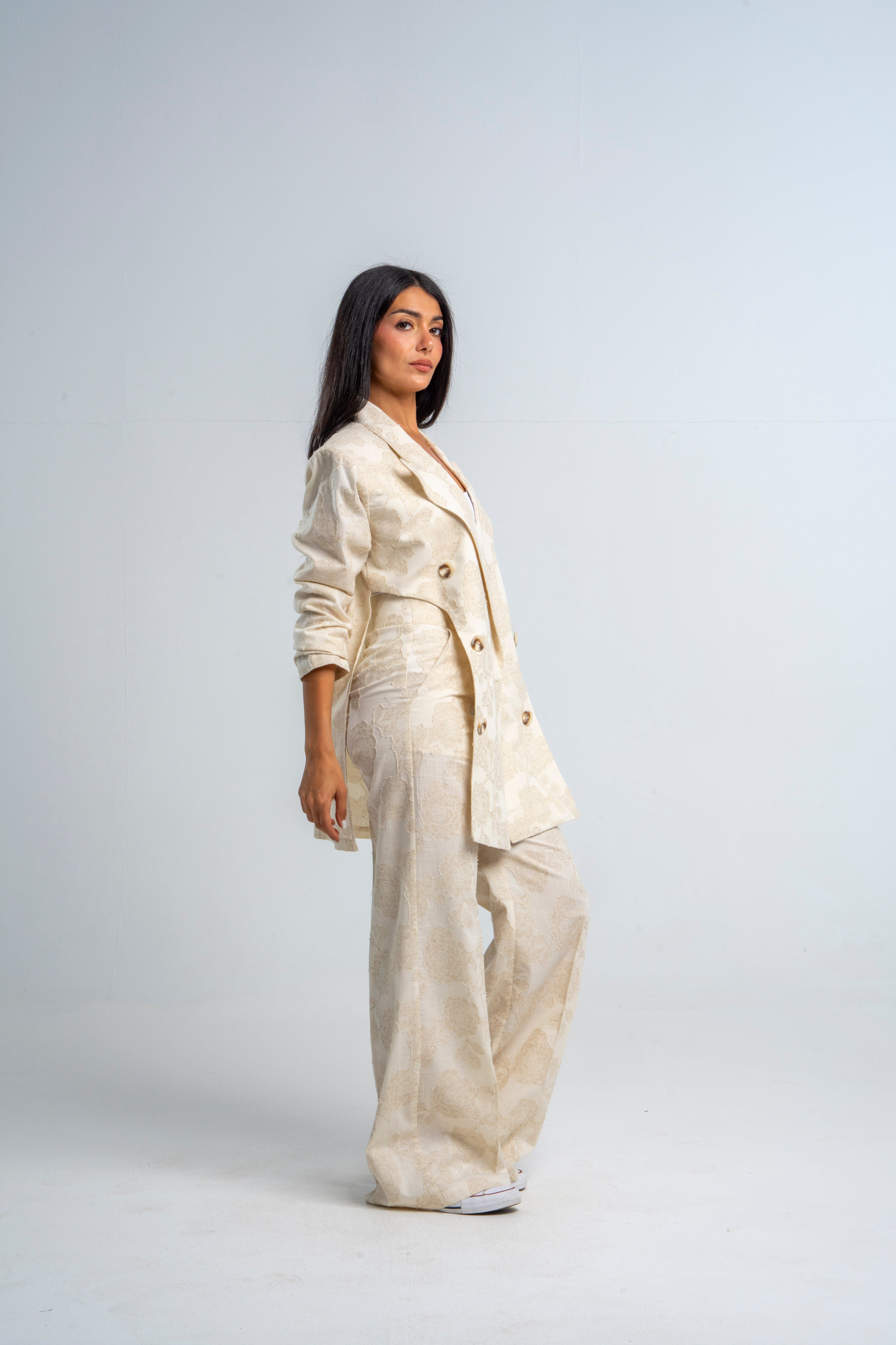 Flowery Beige Linen Curved Blazer