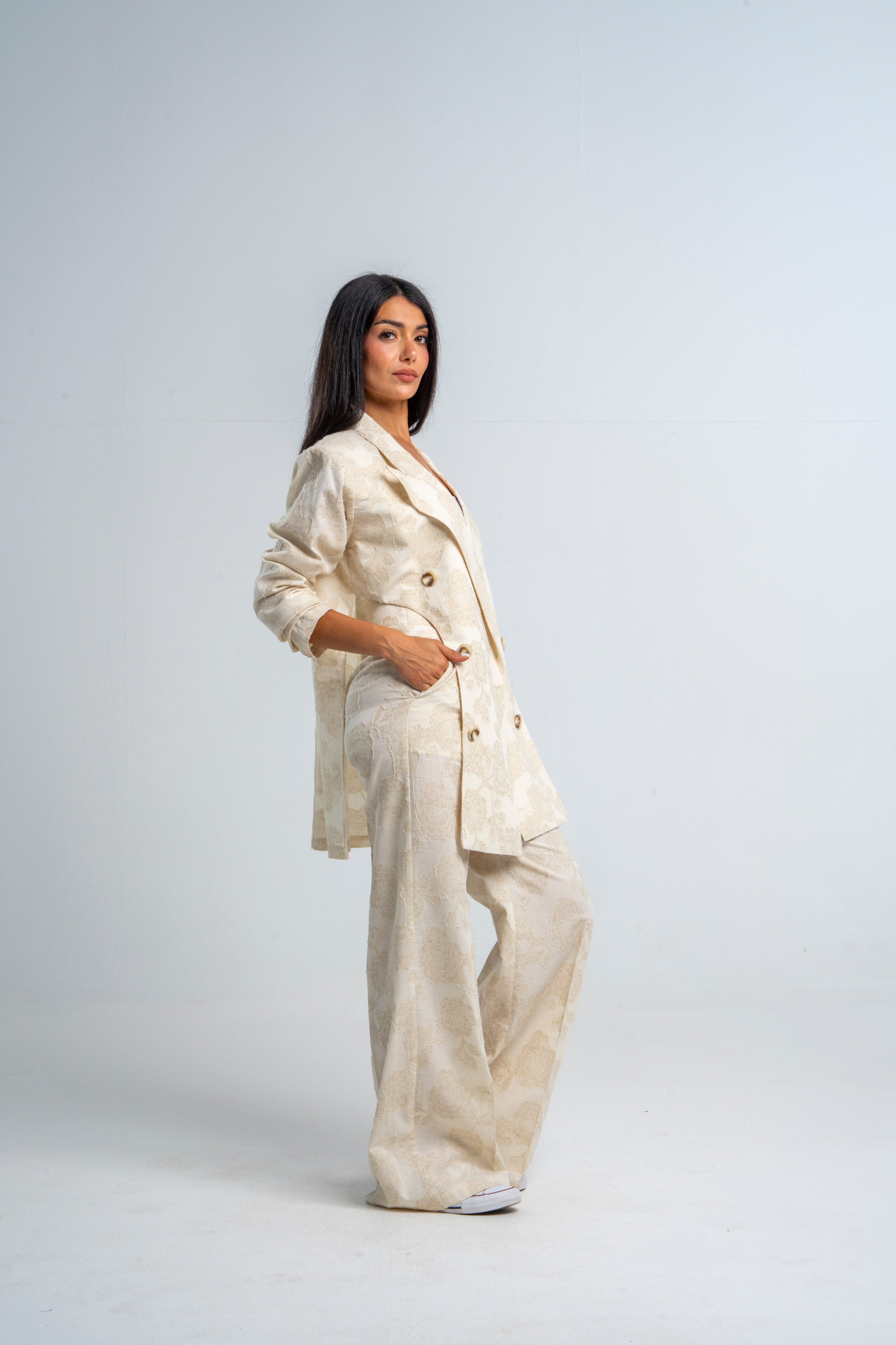 Flowery Beige Linen Curved Blazer