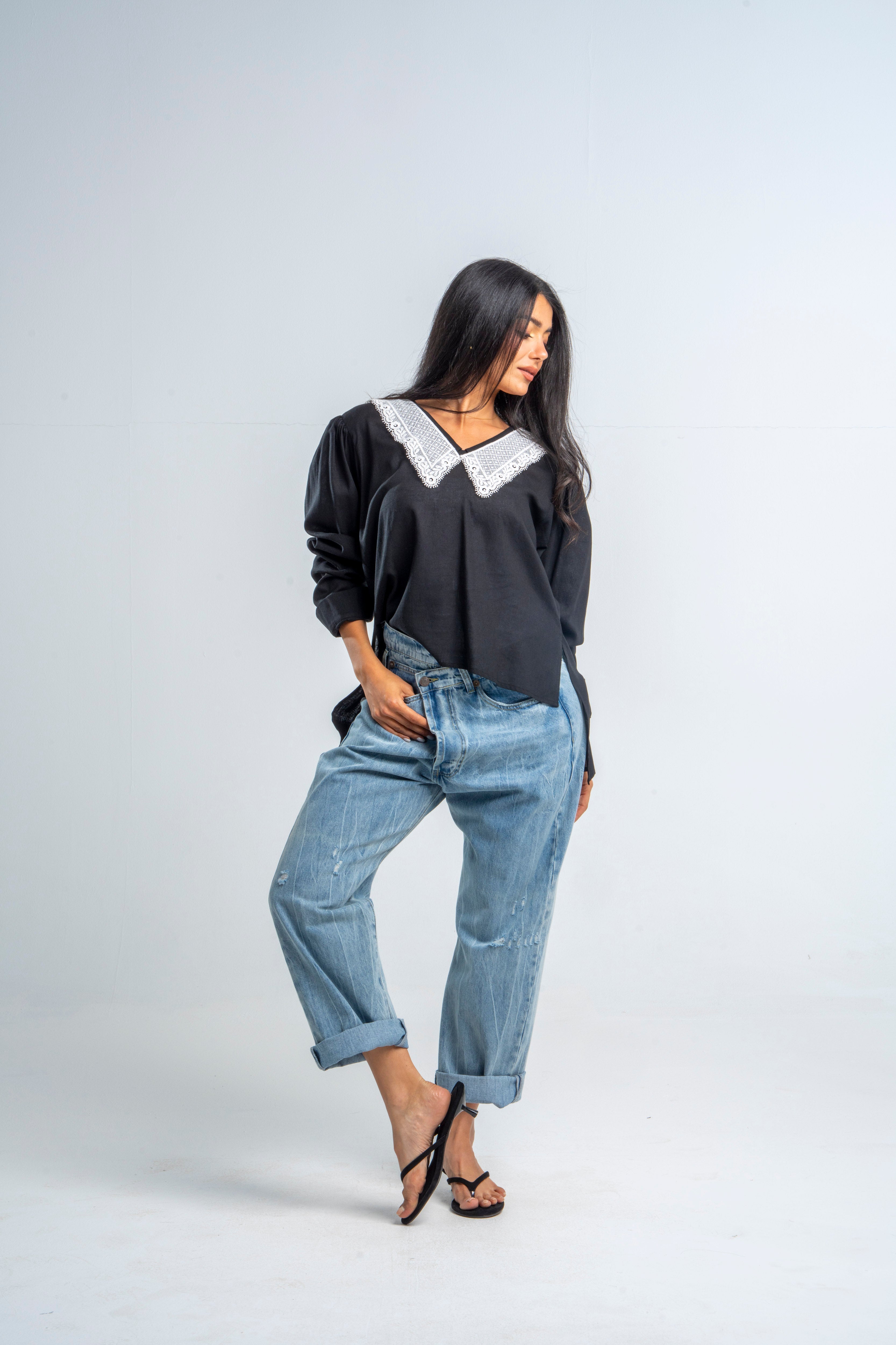 Black Linen Flowery Collar Top