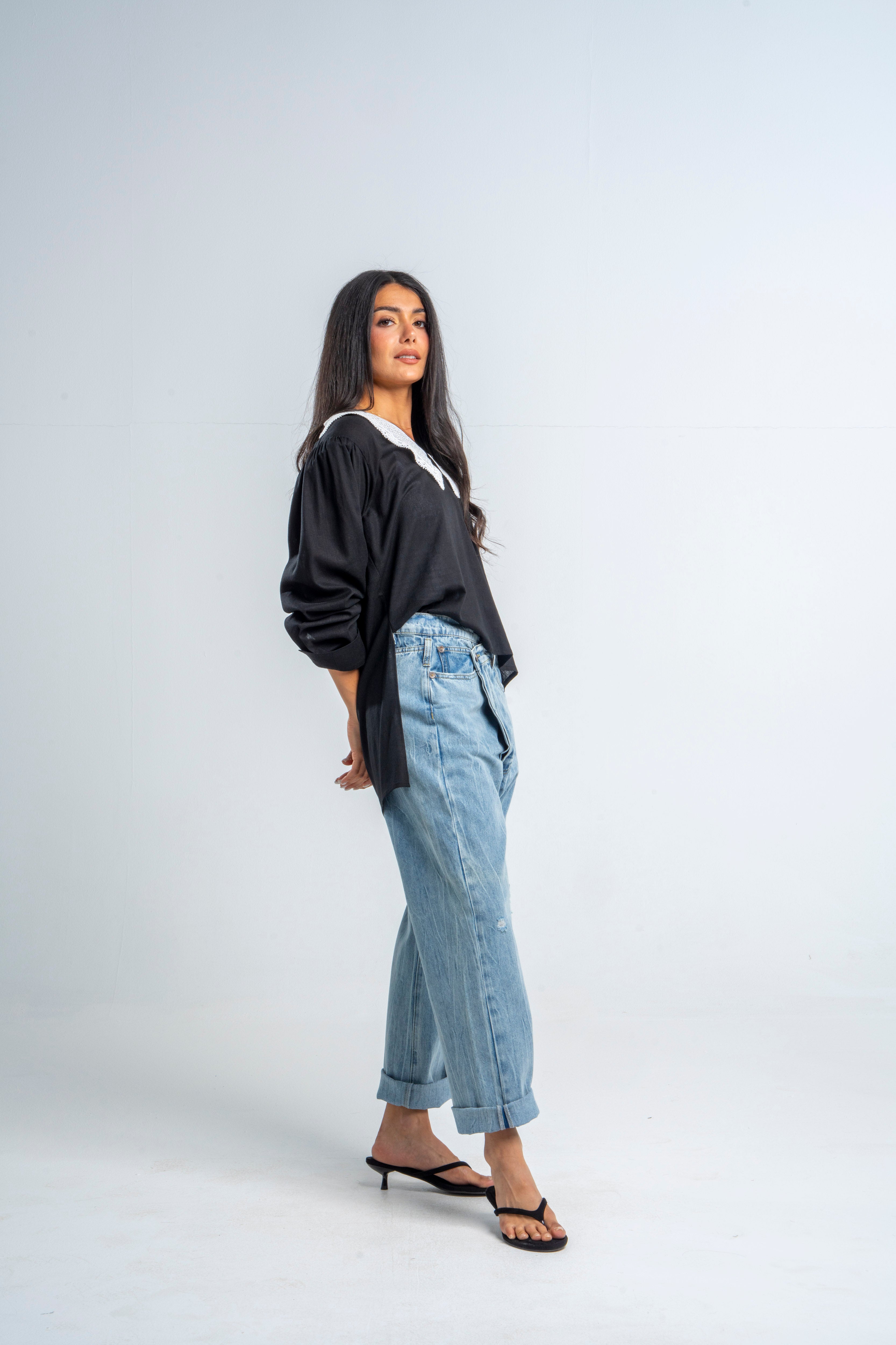 Black Linen Flowery Collar Top