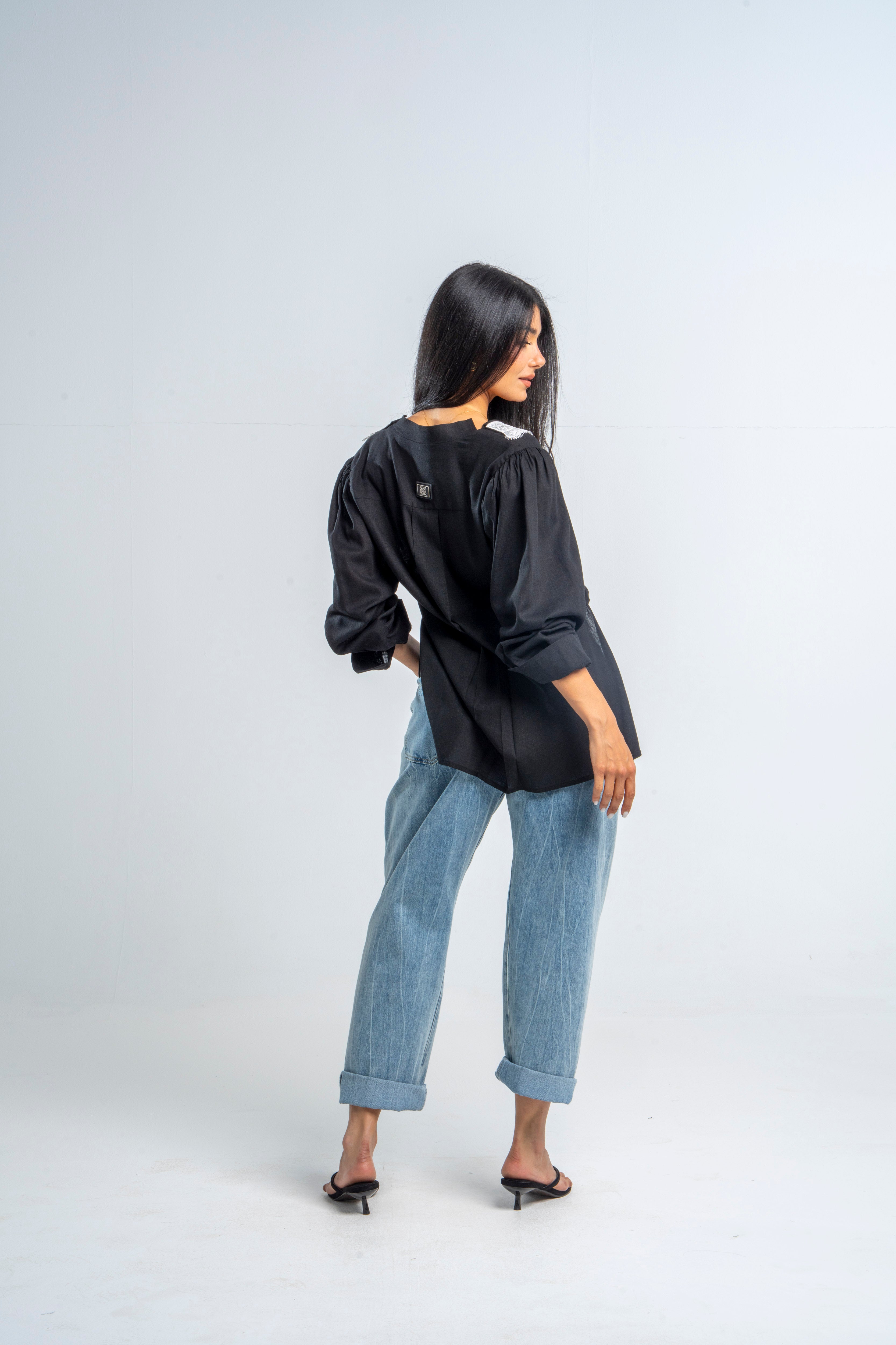 Black Linen Flowery Collar Top