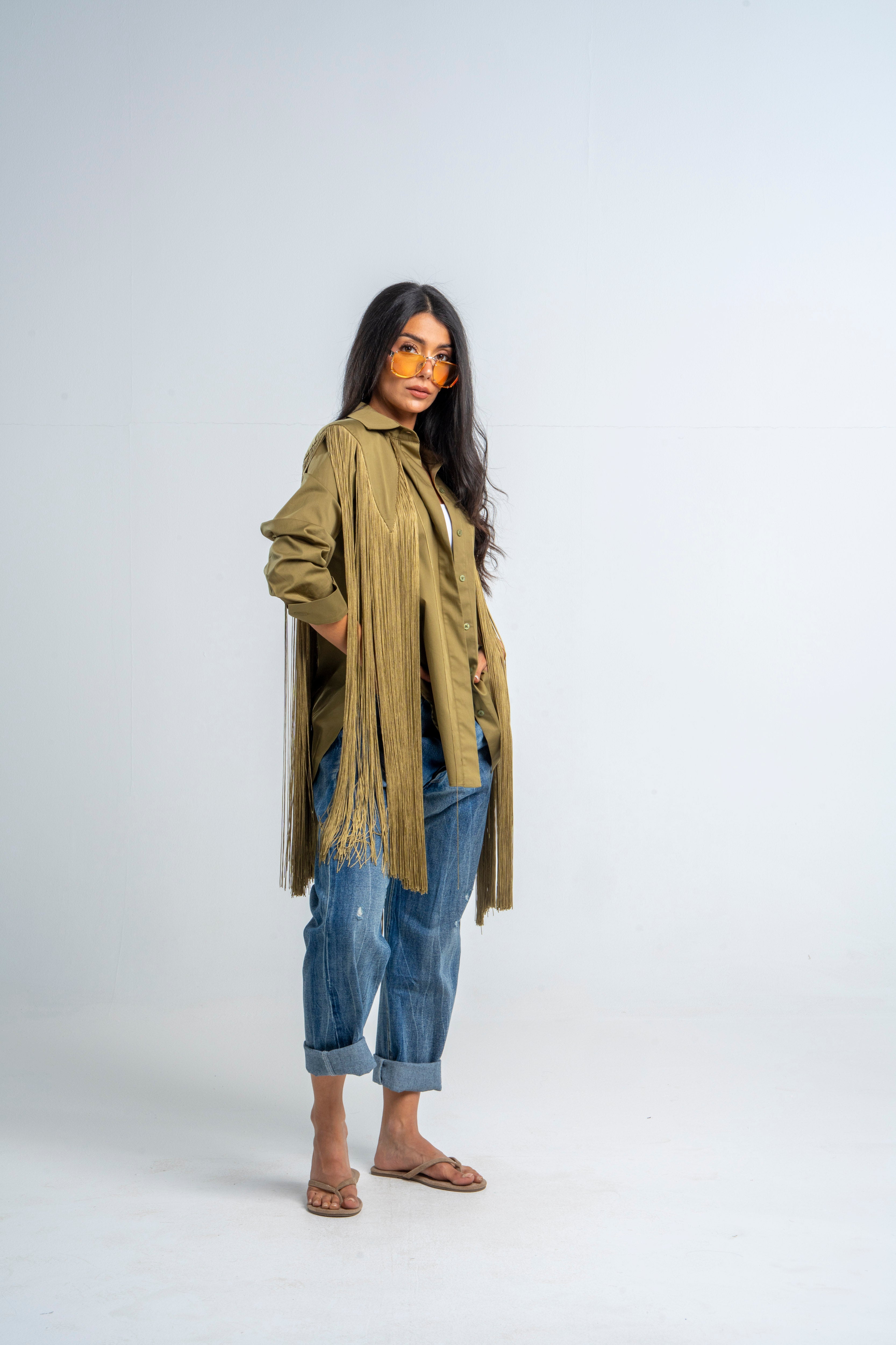 Fringes Shoulders Olive Shirt
