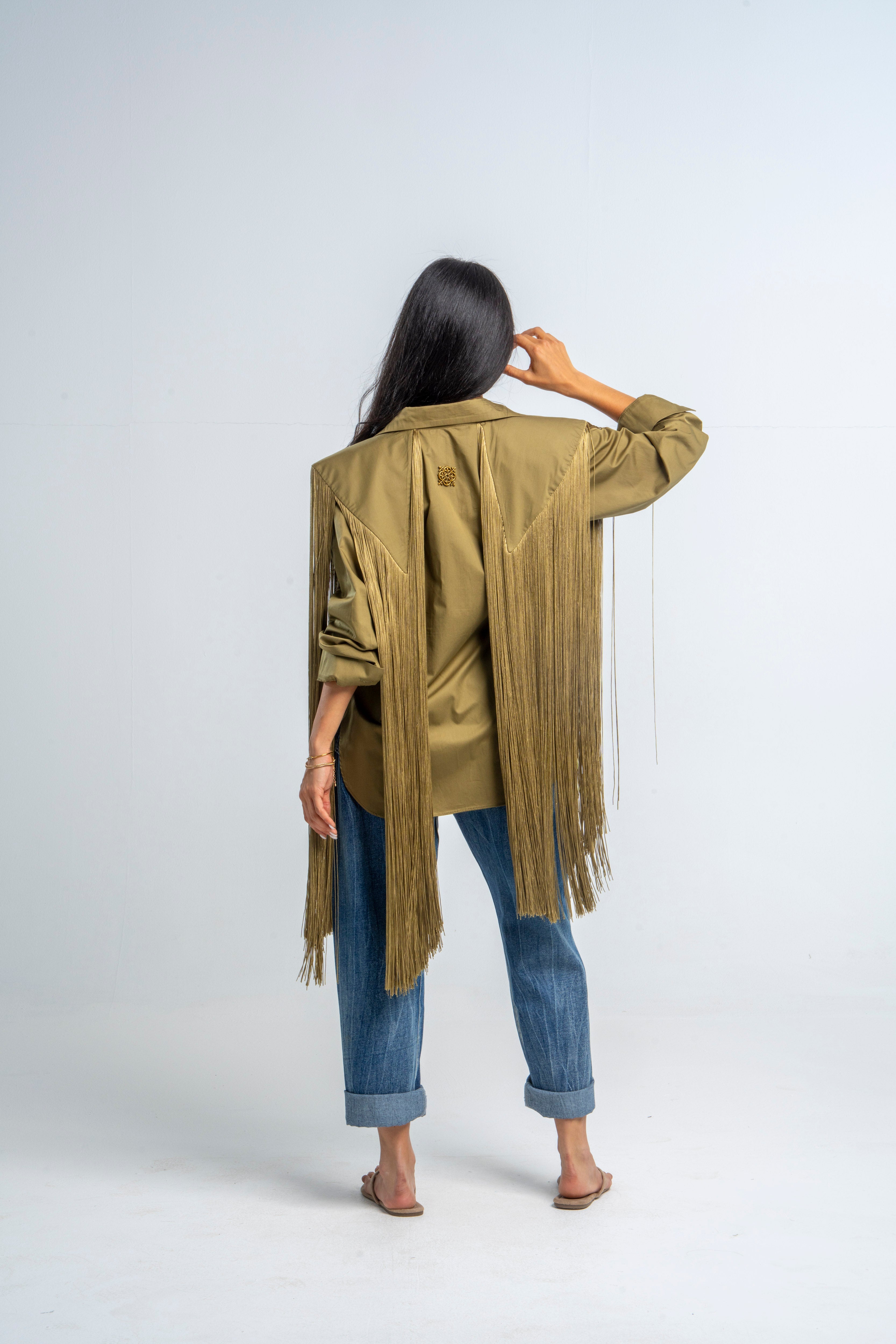 Fringes Shoulders Olive Shirt