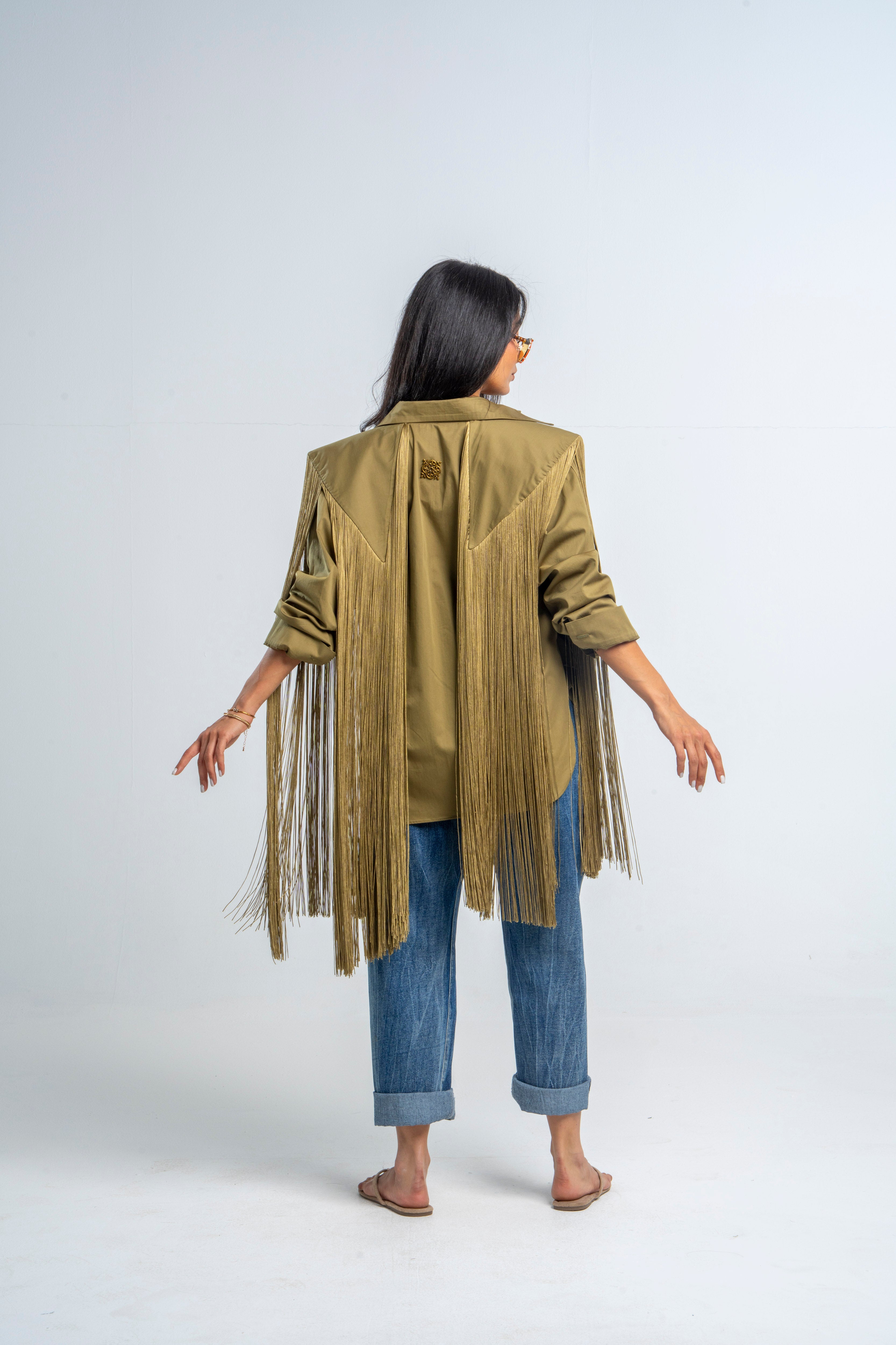 Fringes Shoulders Olive Shirt