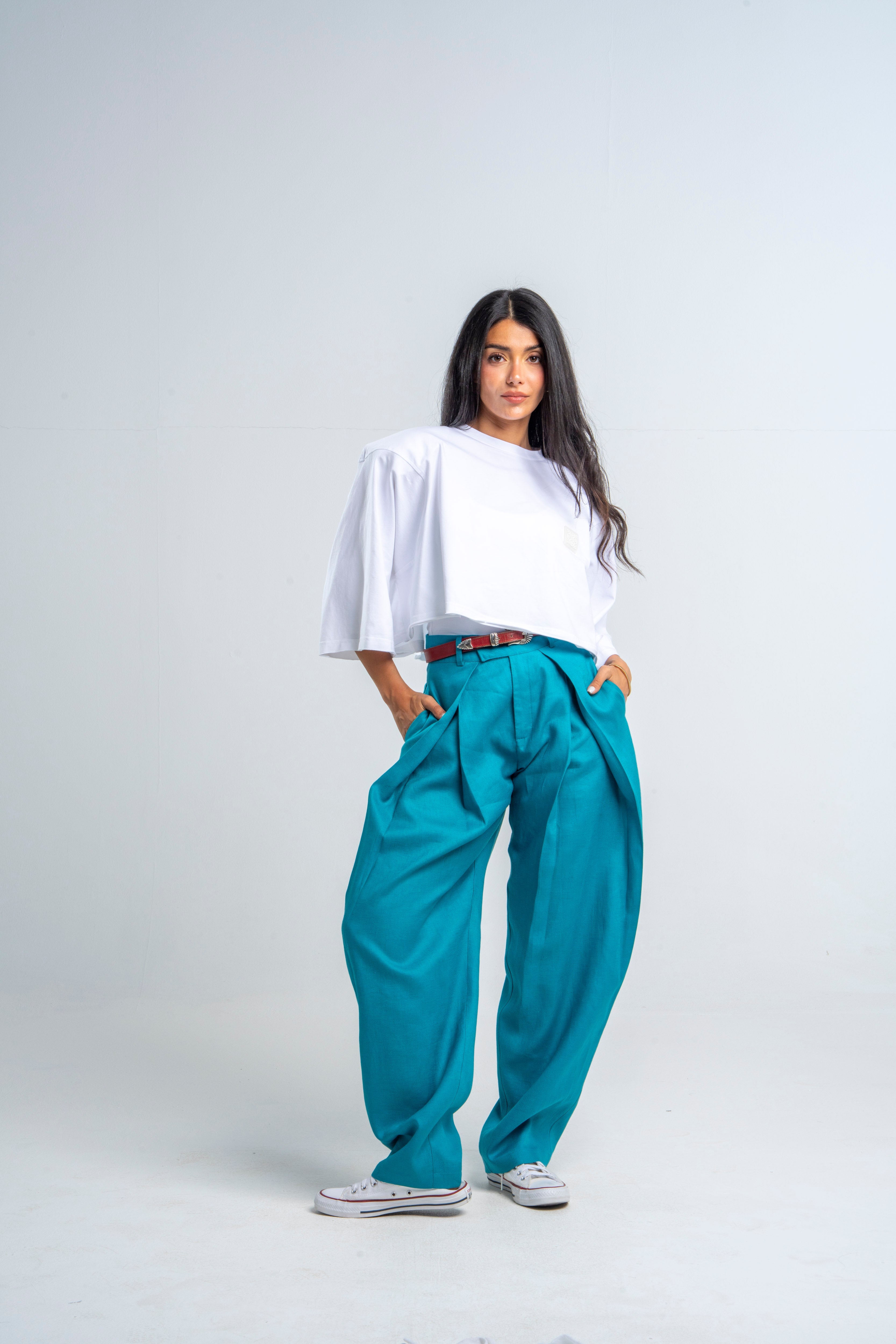 Flapped Turquoise Linen Pants