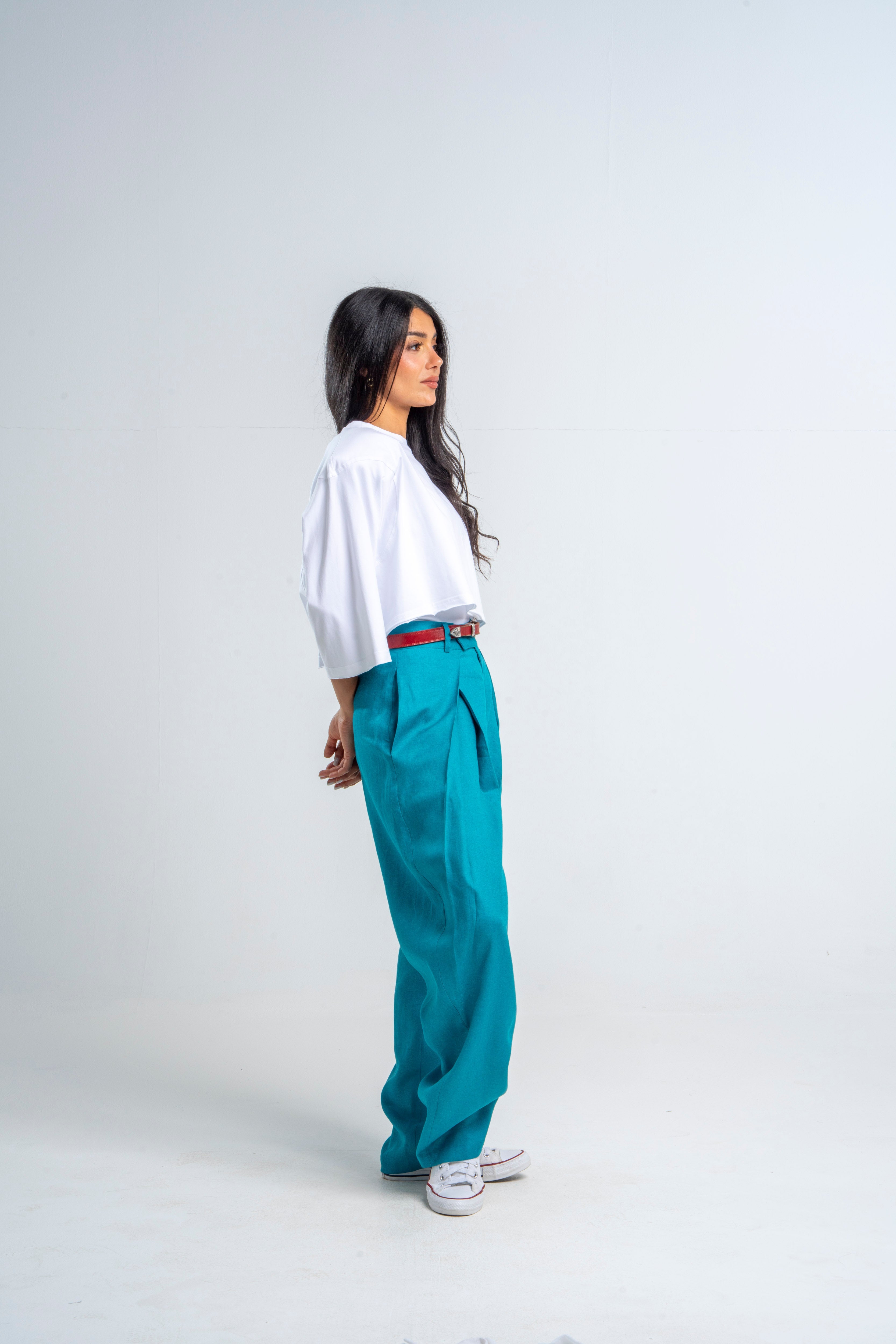 Flapped Turquoise Linen Pants