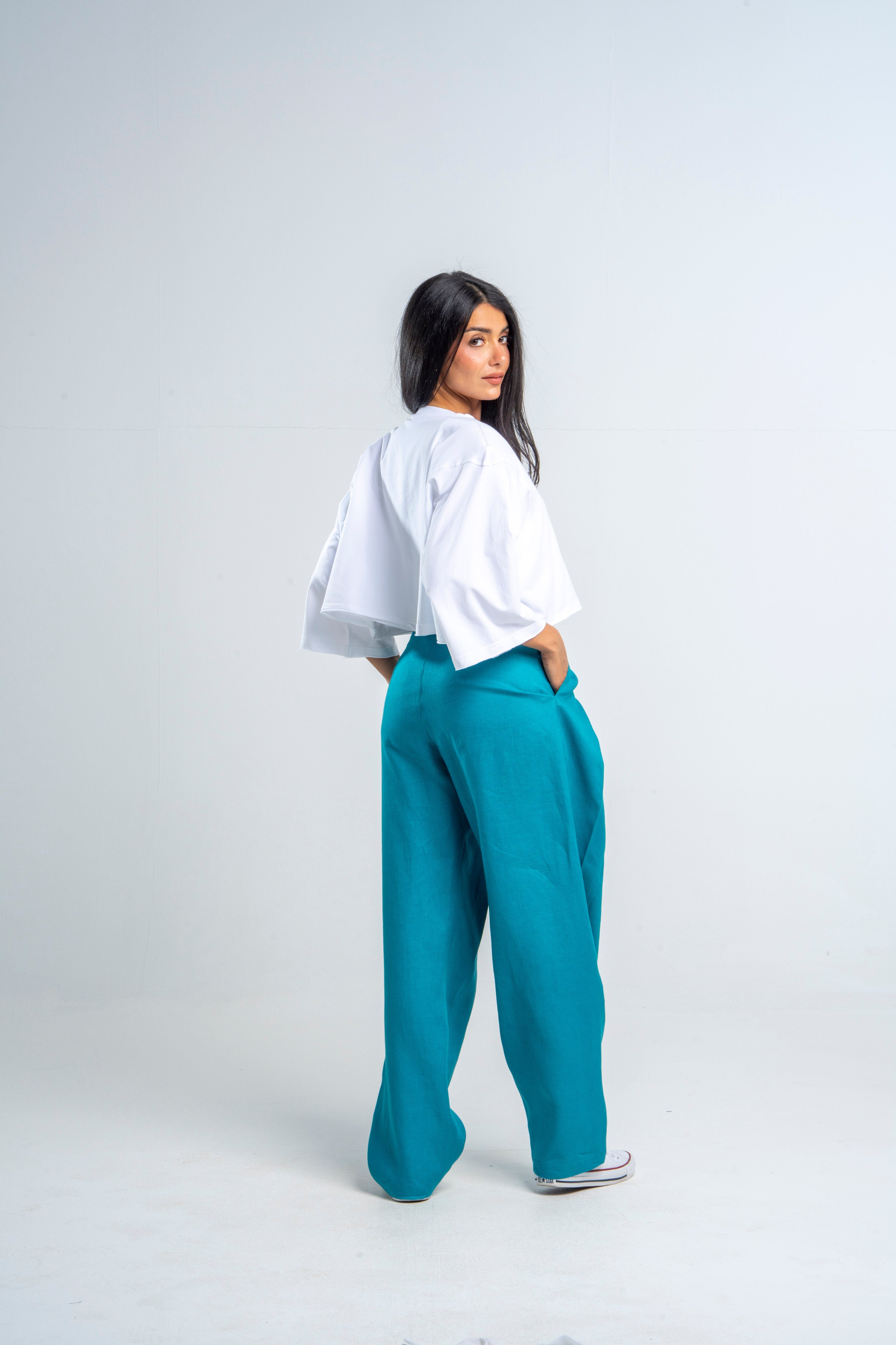 Flapped Turquoise Linen Pants